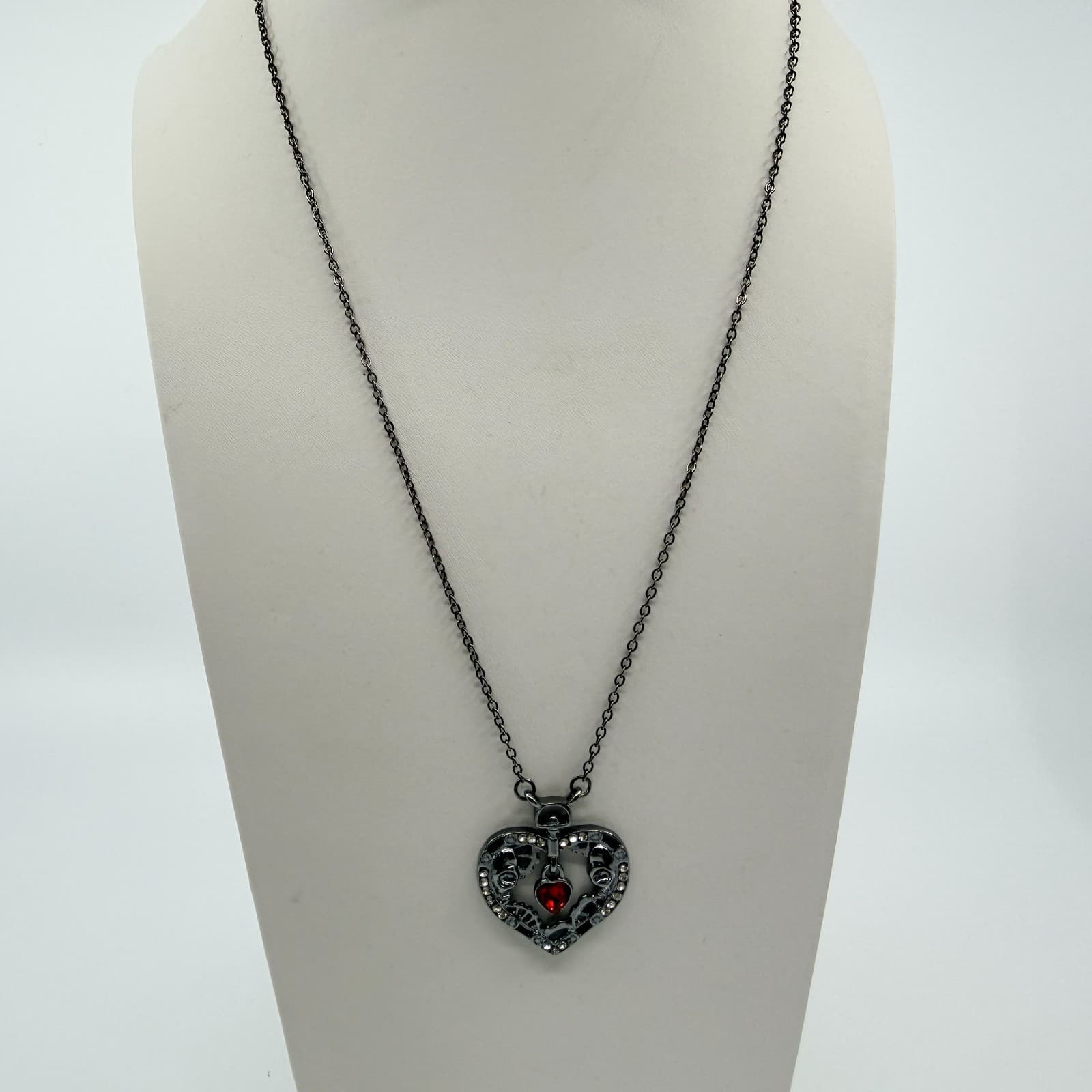 Vintage Gothic Steampunk Heart Pendant Necklace Gunmetal Tone Red Skulls Gears - Thumbnail 5