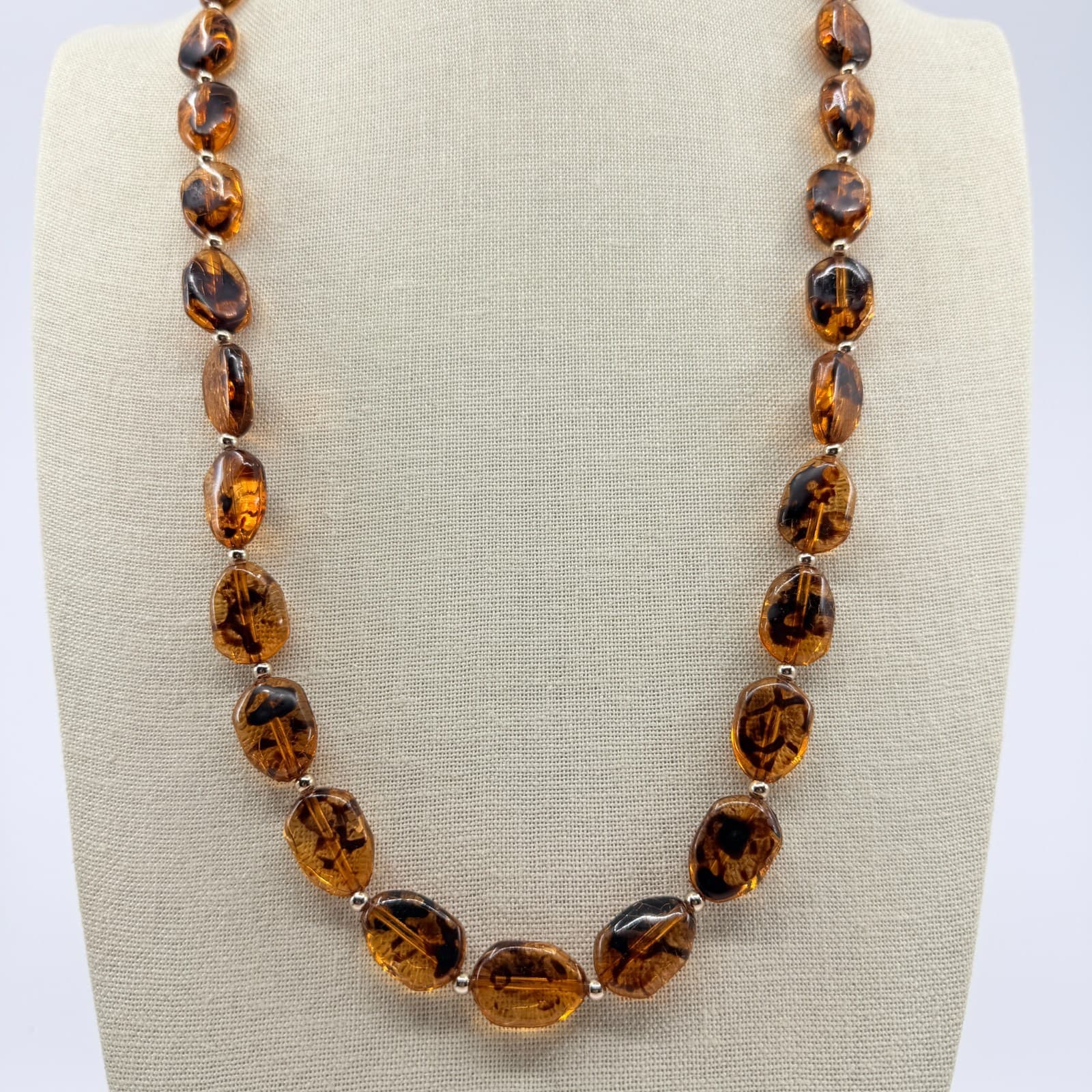 Vintage Amber Tone Tortoise Shell Pattern Bead Necklace Long Retro Minimalist - Thumbnail 5