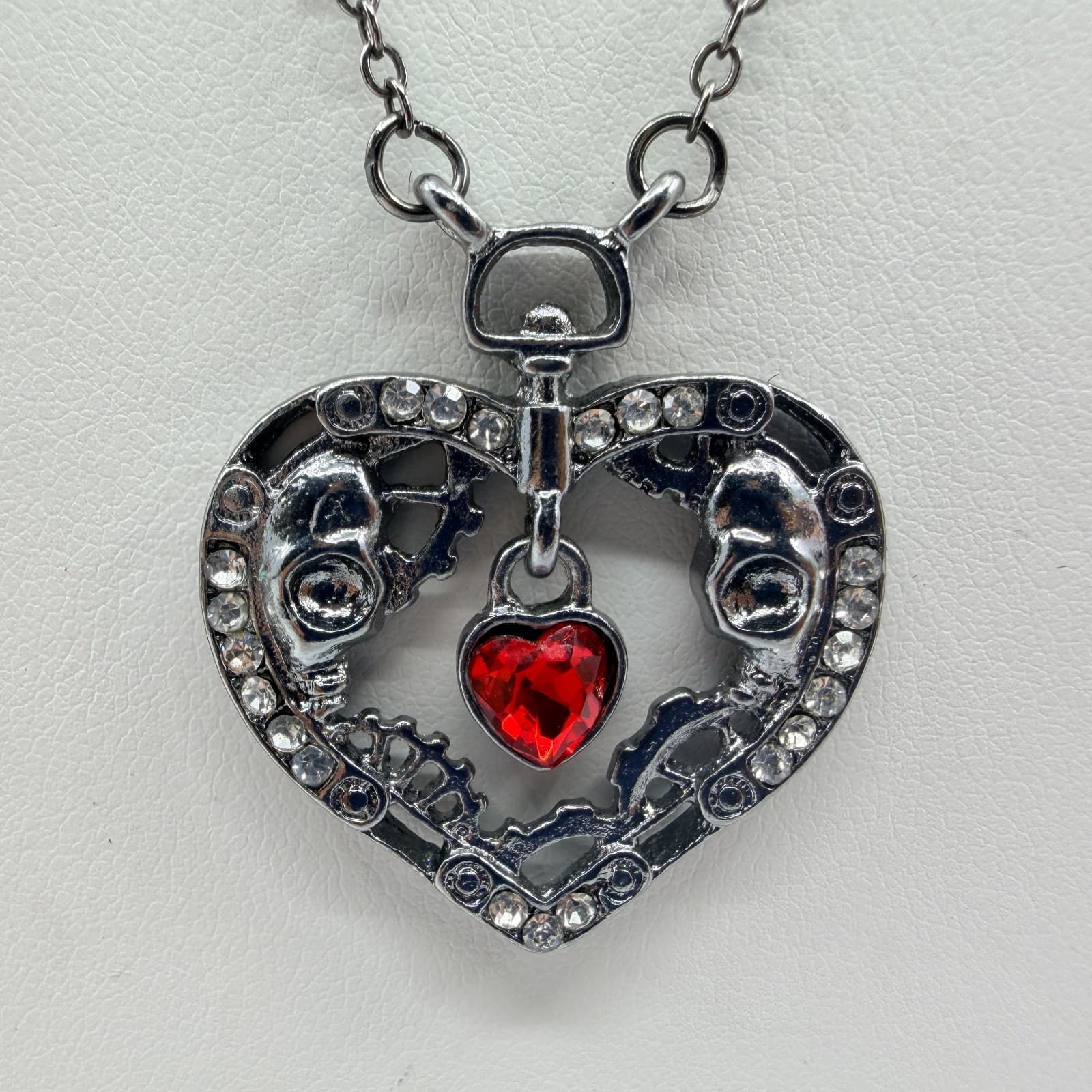 Vintage Gothic Steampunk Heart Pendant Necklace Gunmetal Tone Red Skulls Gears - Thumbnail 4