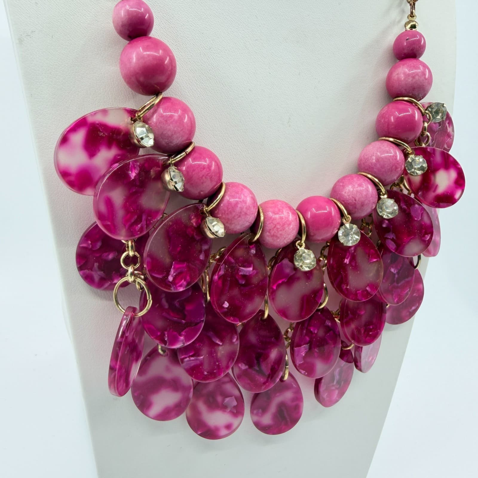 Vintage Gold Tone Pink Fuschia Bib Statement Necklace Bold Chunky Rhinestone Y2K - Thumbnail 5
