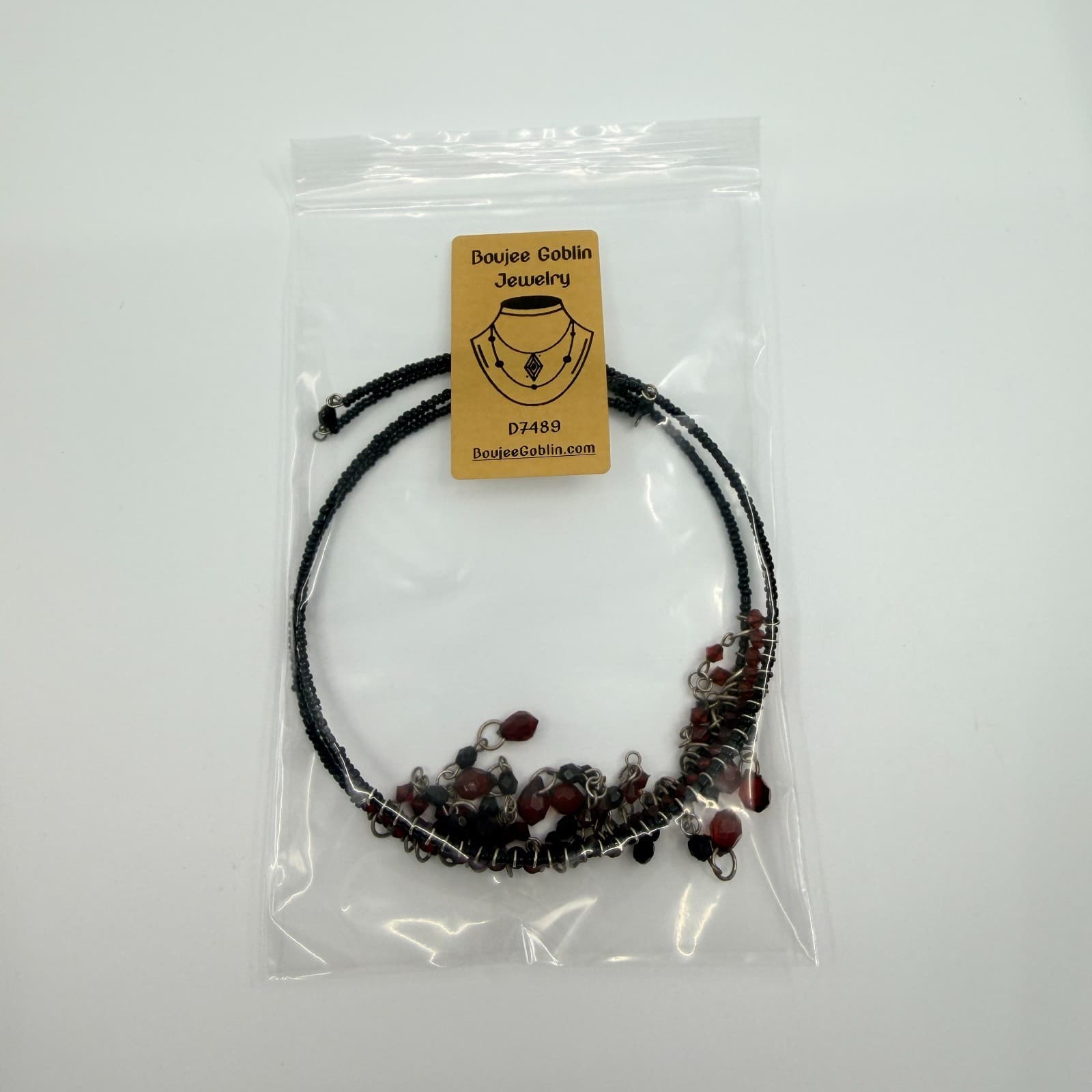 Vintage Gunmetal Tone Red Black Beaded Fringe Bib Statement Necklace Goth 90s - Thumbnail 11
