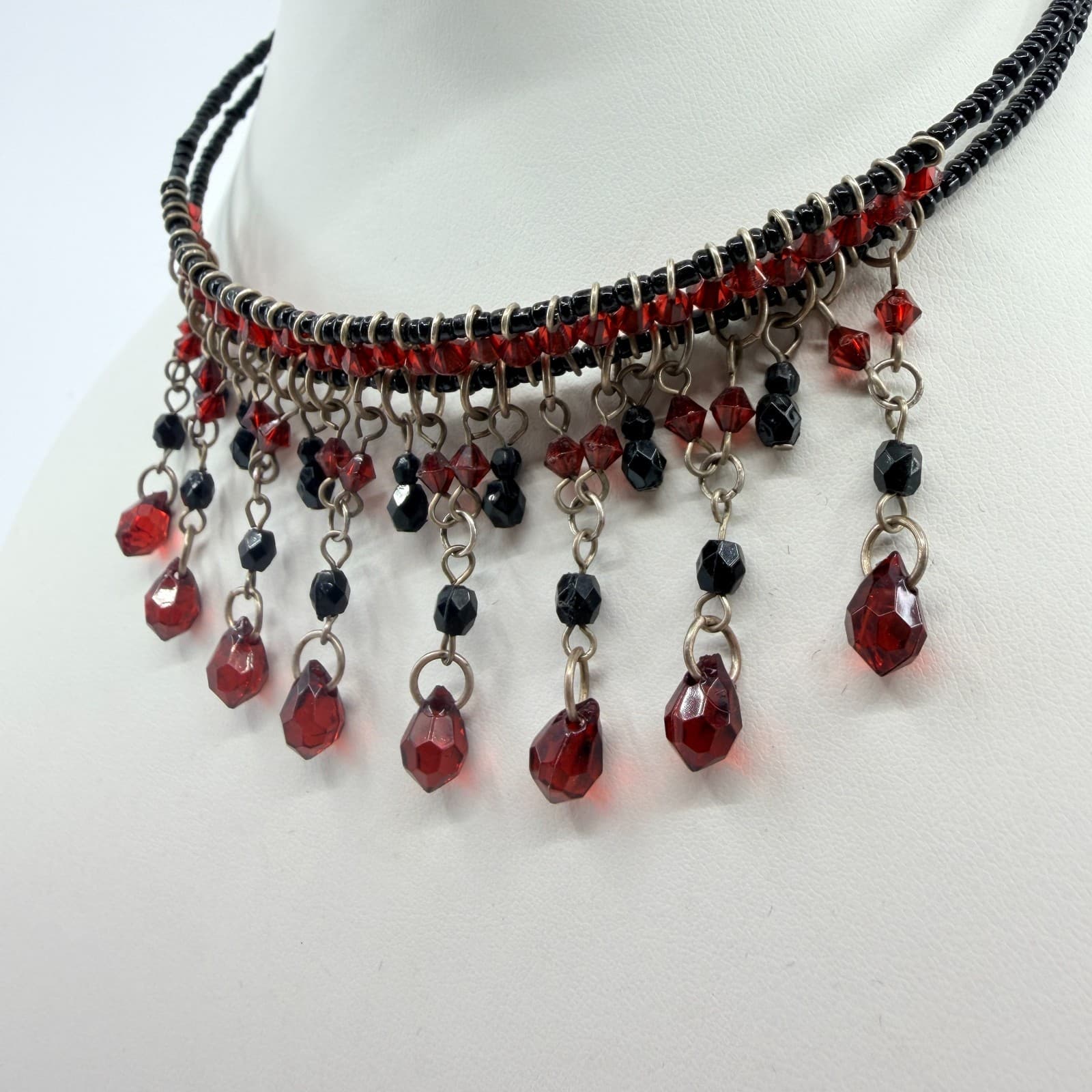 Vintage Gunmetal Tone Red Black Beaded Fringe Bib Statement Necklace Goth 90s - Thumbnail 5