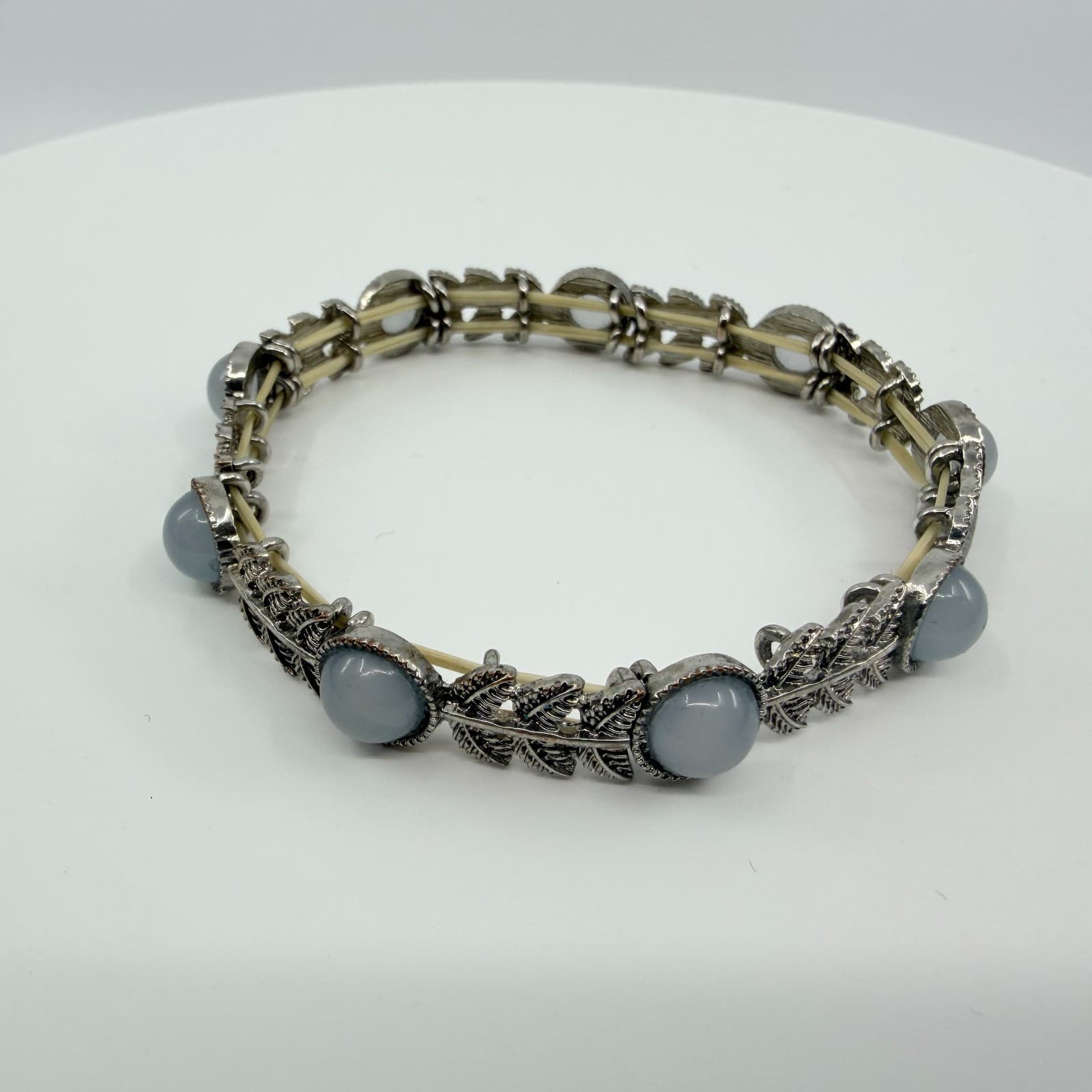 Vintage Silver Tone Light Blue Stone Leaf Link Stretch Bracelet Boho Statement - Thumbnail 2