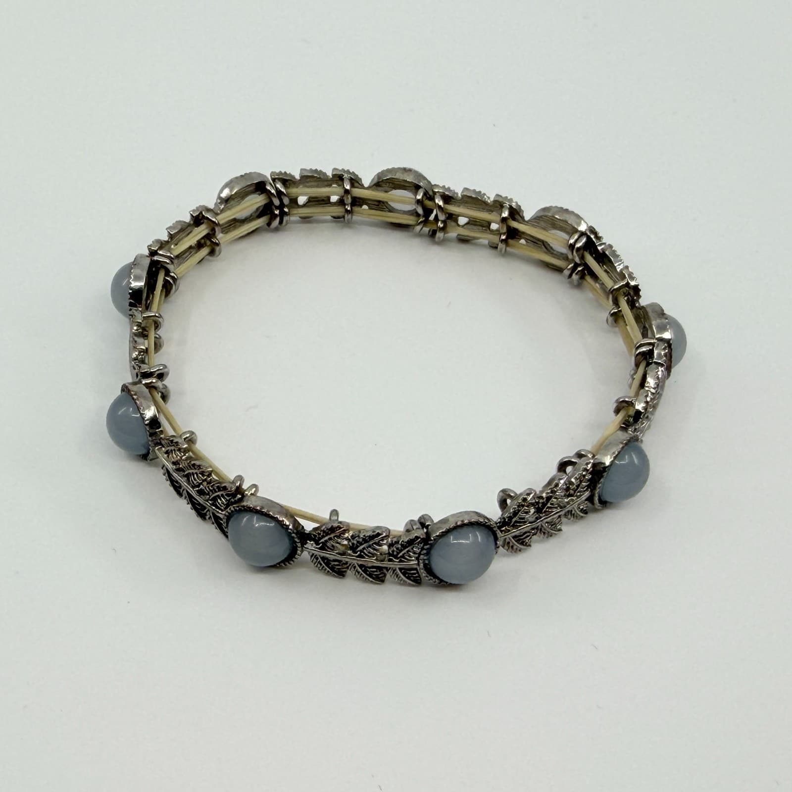 Vintage Silver Tone Light Blue Stone Leaf Link Stretch Bracelet Boho Statement - Thumbnail 3