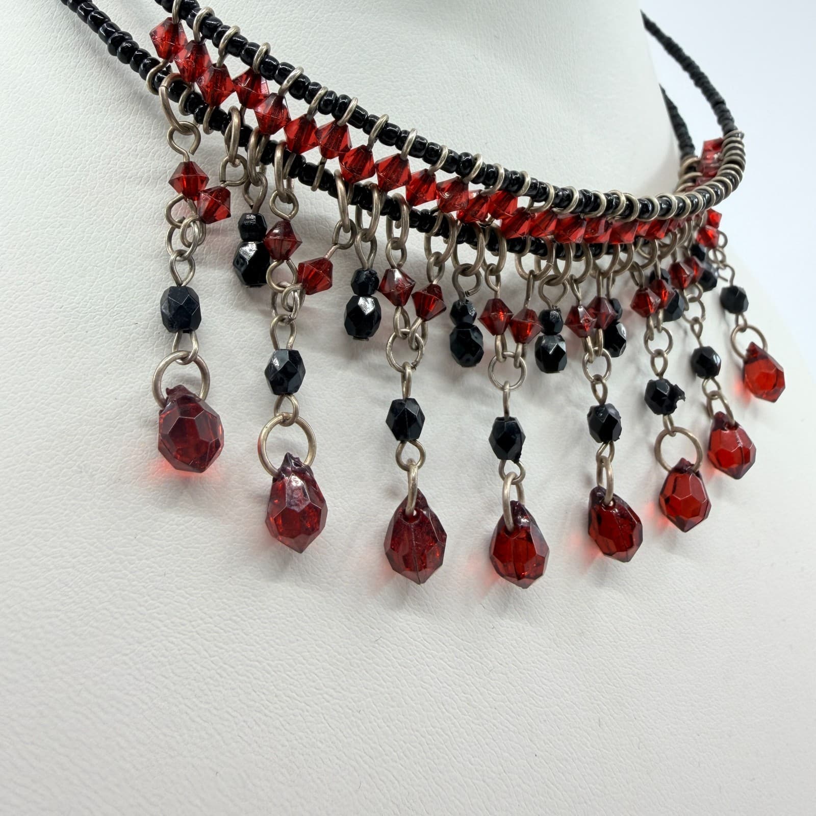 Vintage Gunmetal Tone Red Black Beaded Fringe Bib Statement Necklace Goth 90s - Thumbnail 4