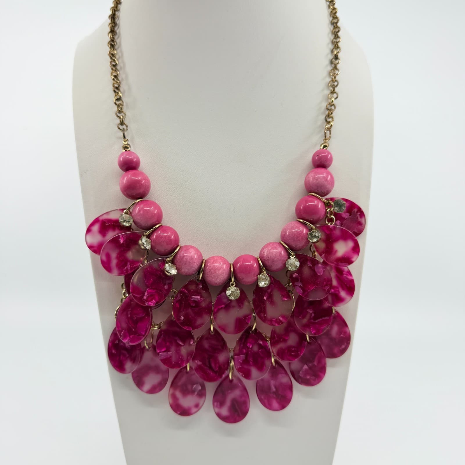 Vintage Gold Tone Pink Fuschia Bib Statement Necklace Bold Chunky Rhinestone Y2K - Thumbnail 8