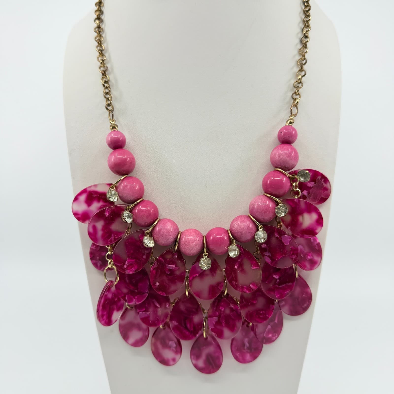 Vintage Gold Tone Pink Fuschia Bib Statement Necklace Bold Chunky Rhinestone Y2K - Thumbnail 3