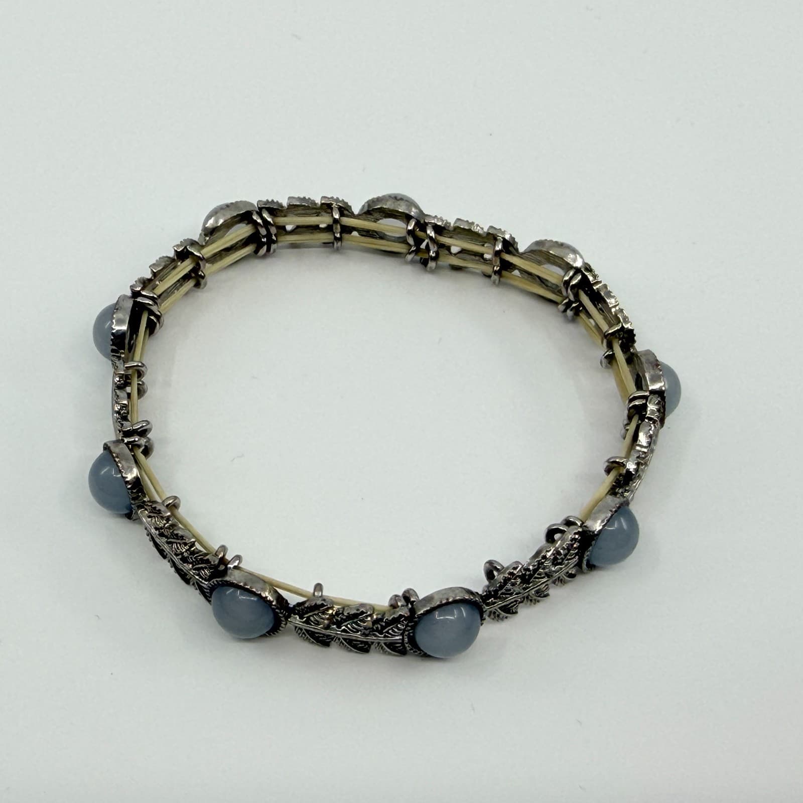 Vintage Silver Tone Light Blue Stone Leaf Link Stretch Bracelet Boho Statement - Thumbnail 4