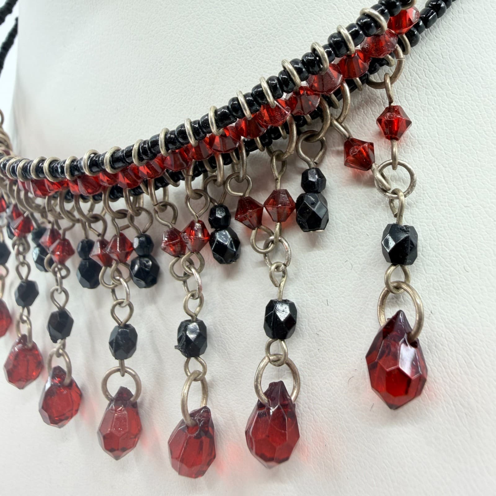 Vintage Gunmetal Tone Red Black Beaded Fringe Bib Statement Necklace Goth 90s - Thumbnail 7