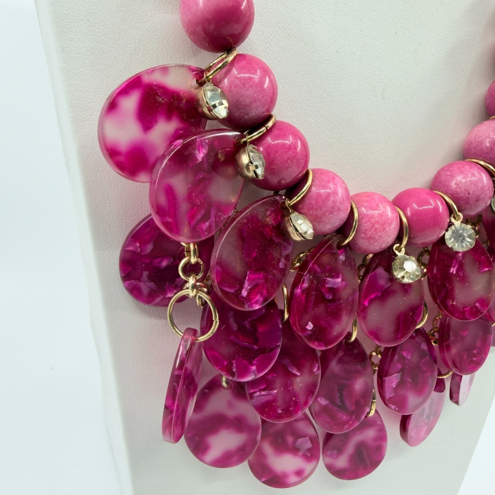 Vintage Gold Tone Pink Fuschia Bib Statement Necklace Bold Chunky Rhinestone Y2K - Thumbnail 4