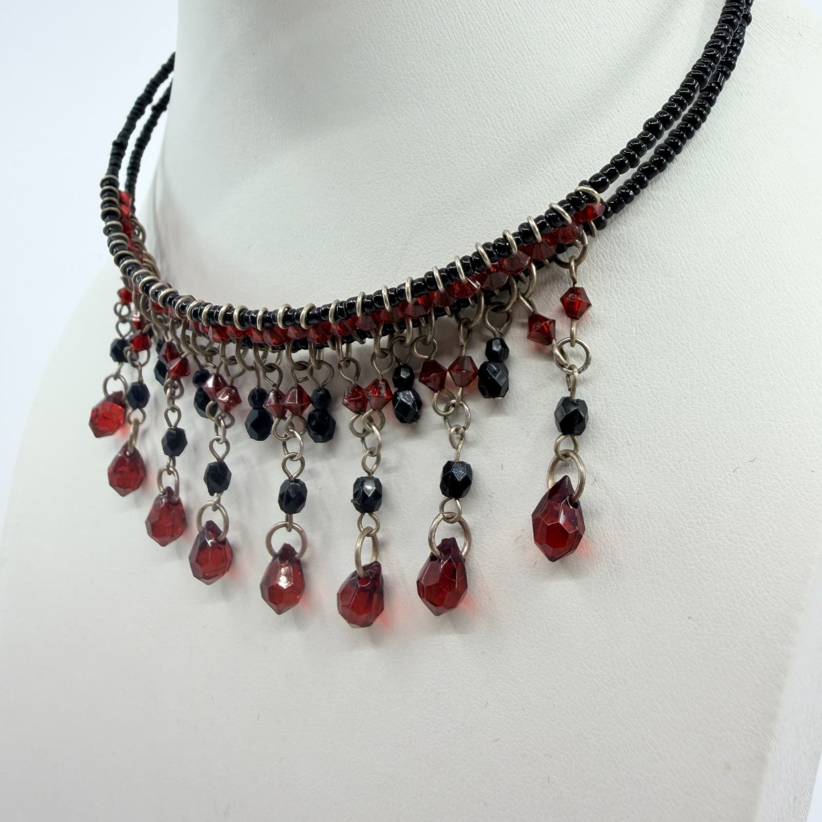 Vintage Gunmetal Tone Red Black Beaded Fringe Bib Statement Necklace Goth 90s - Thumbnail 6
