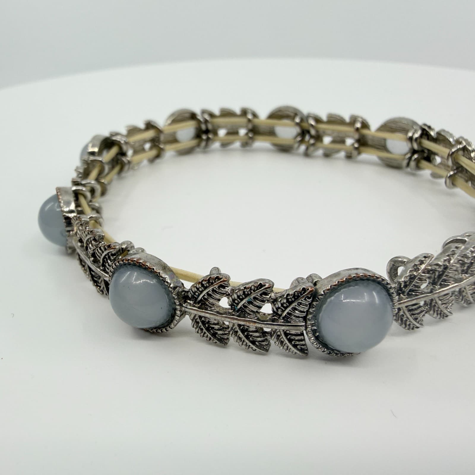 Vintage Silver Tone Light Blue Stone Leaf Link Stretch Bracelet Boho Statement - Thumbnail 5