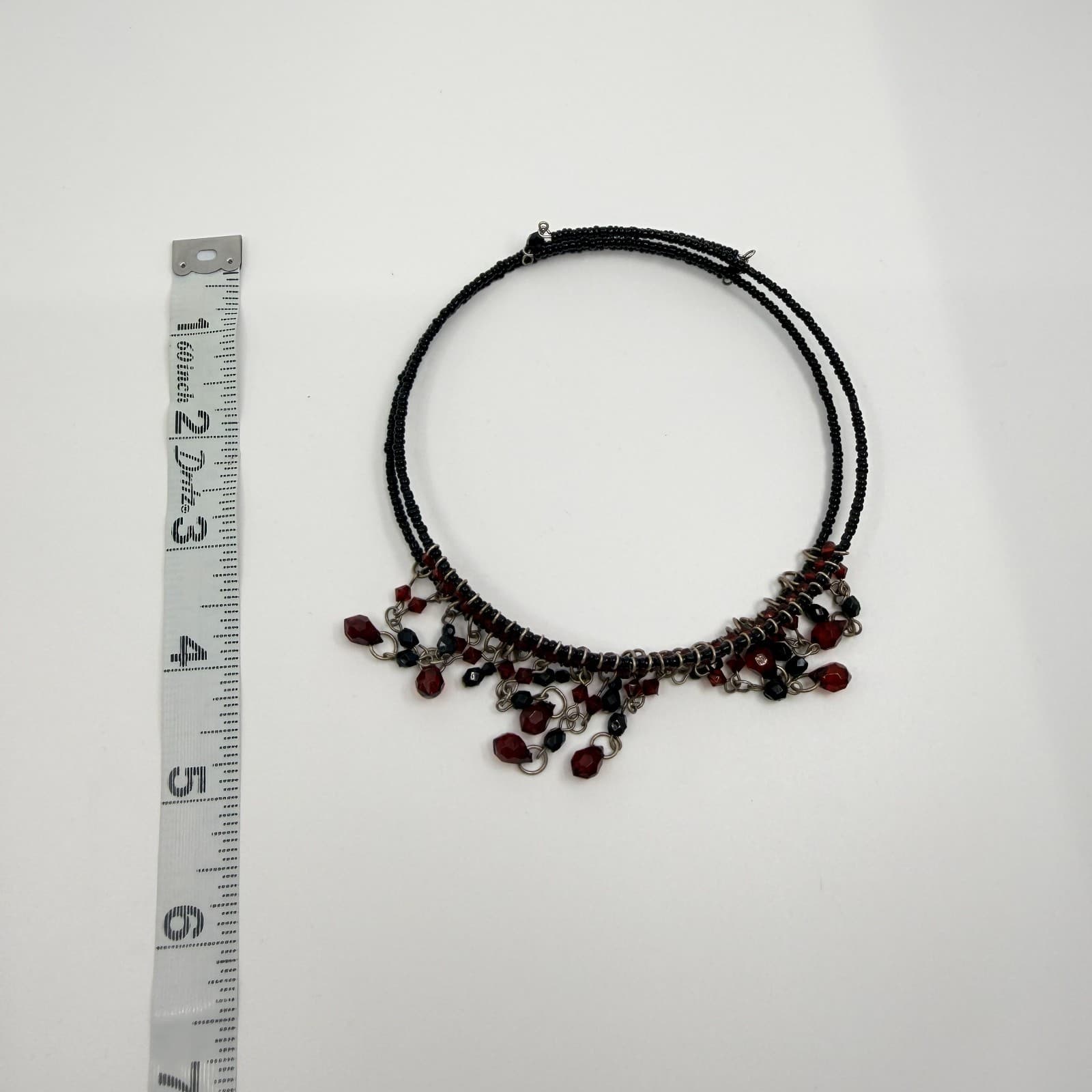 Vintage Gunmetal Tone Red Black Beaded Fringe Bib Statement Necklace Goth 90s - Thumbnail 10