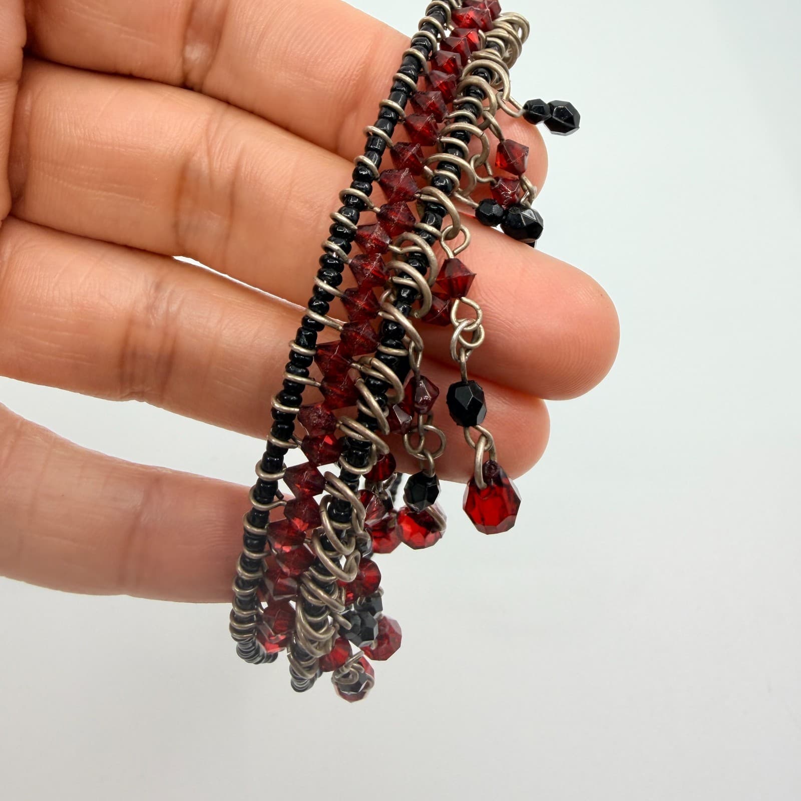 Vintage Gunmetal Tone Red Black Beaded Fringe Bib Statement Necklace Goth 90s - Thumbnail 9