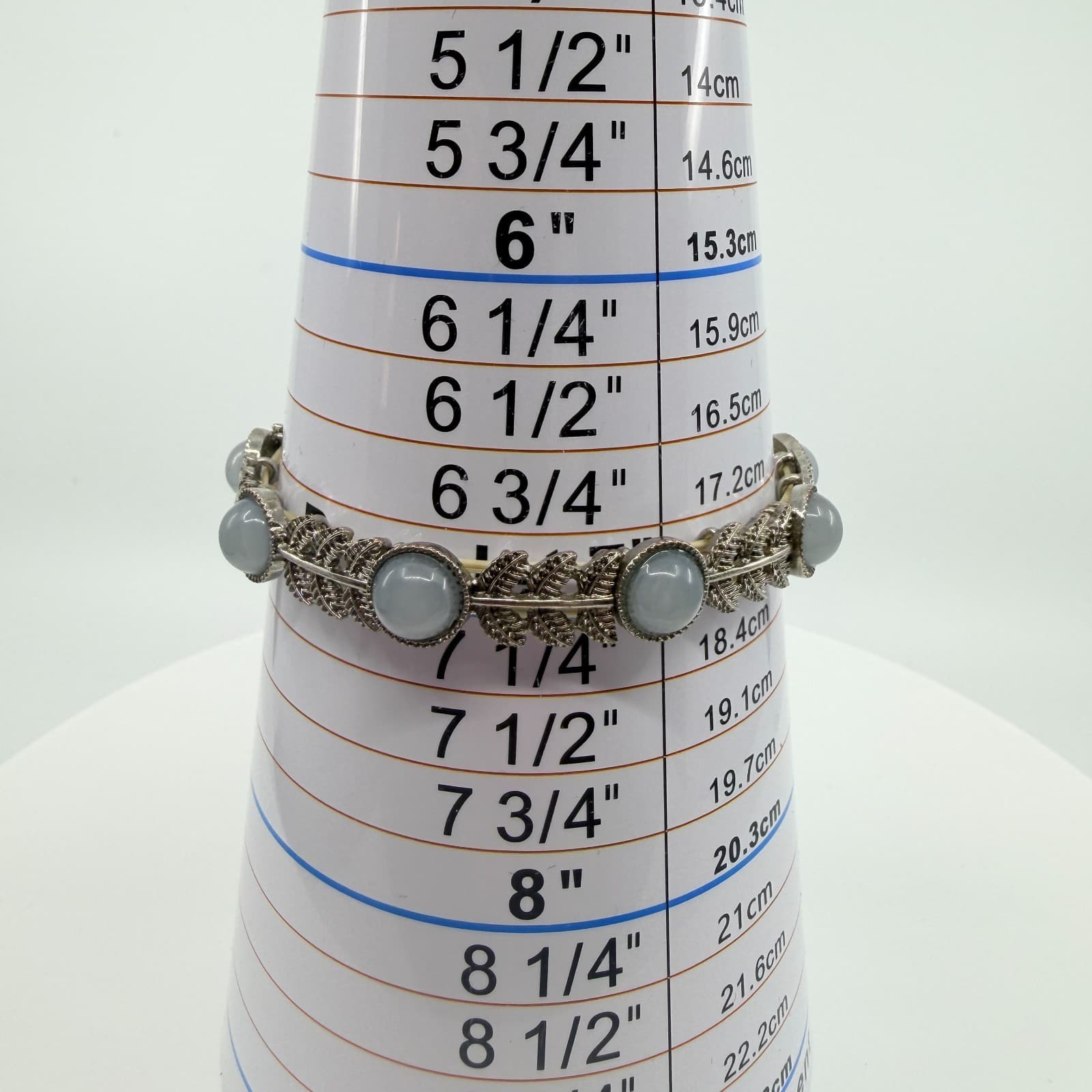 Vintage Silver Tone Light Blue Stone Leaf Link Stretch Bracelet Boho Statement - Thumbnail 9