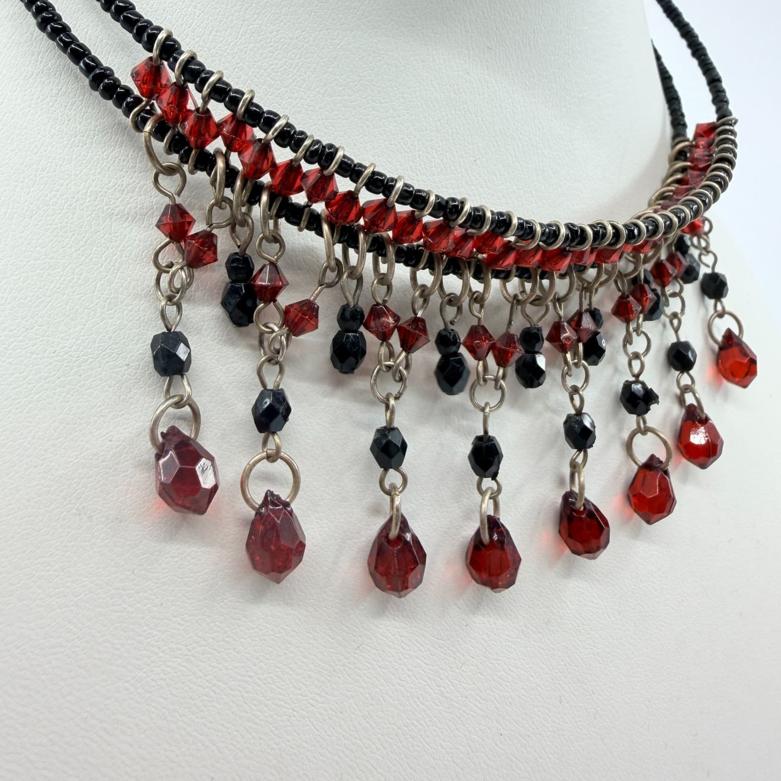Vintage Gunmetal Tone Red Black Beaded Fringe Bib Statement Necklace Goth 90s - Thumbnail 3