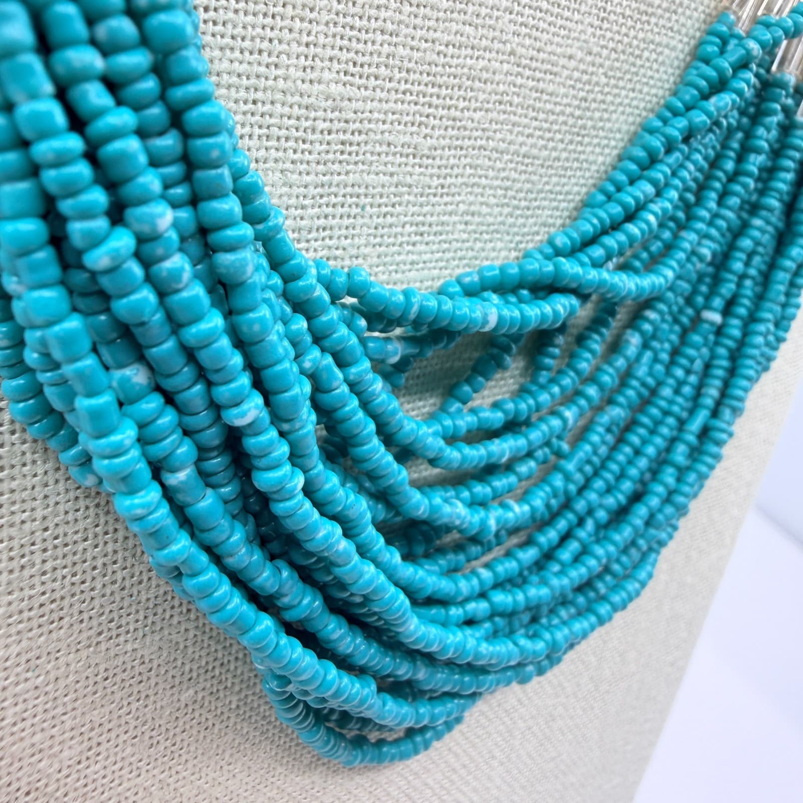 Vintage Silver Tone Multi Strand Seed Bead Necklace Teal Liquid Silver Boho Y2K - Thumbnail 5