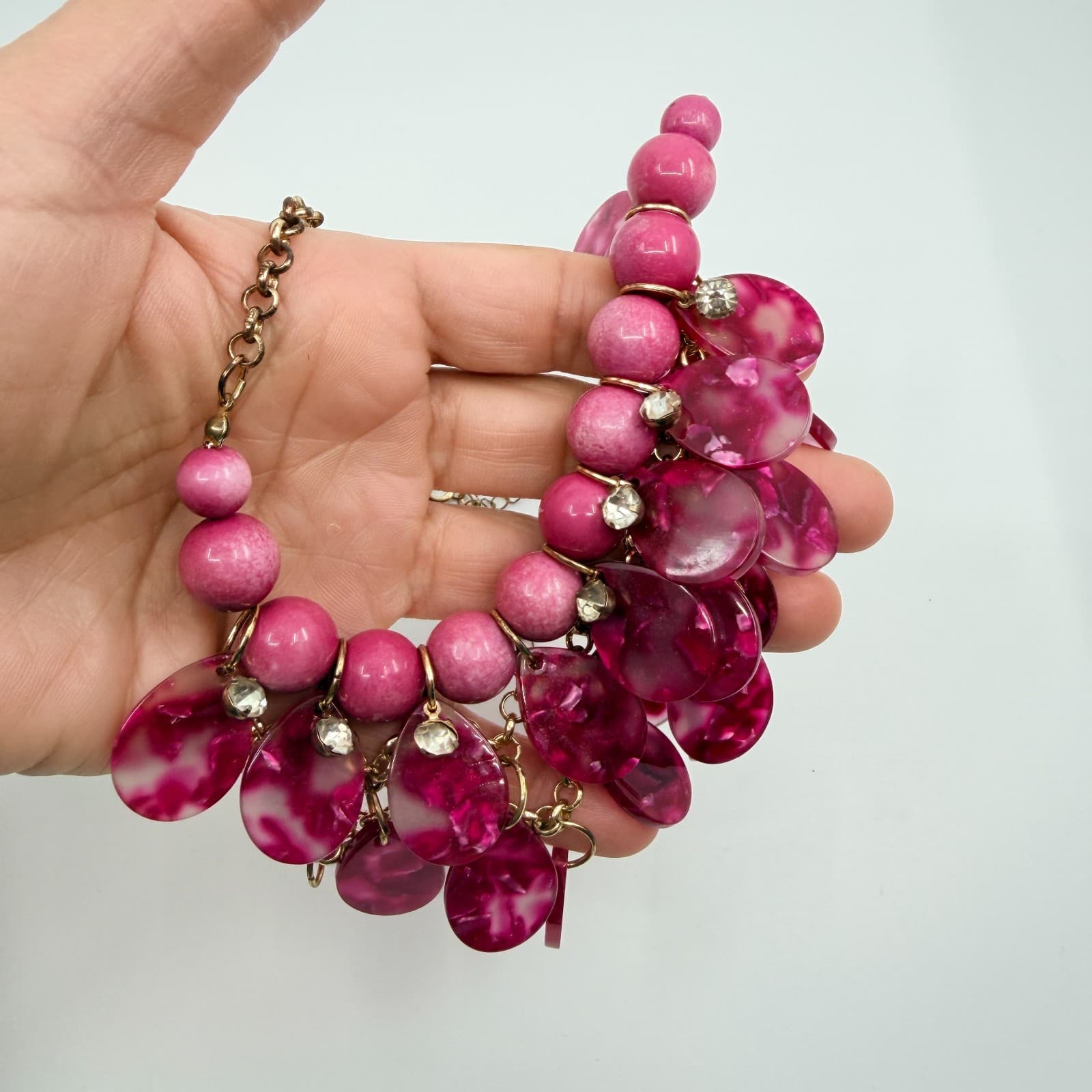 Vintage Gold Tone Pink Fuschia Bib Statement Necklace Bold Chunky Rhinestone Y2K - Thumbnail 9