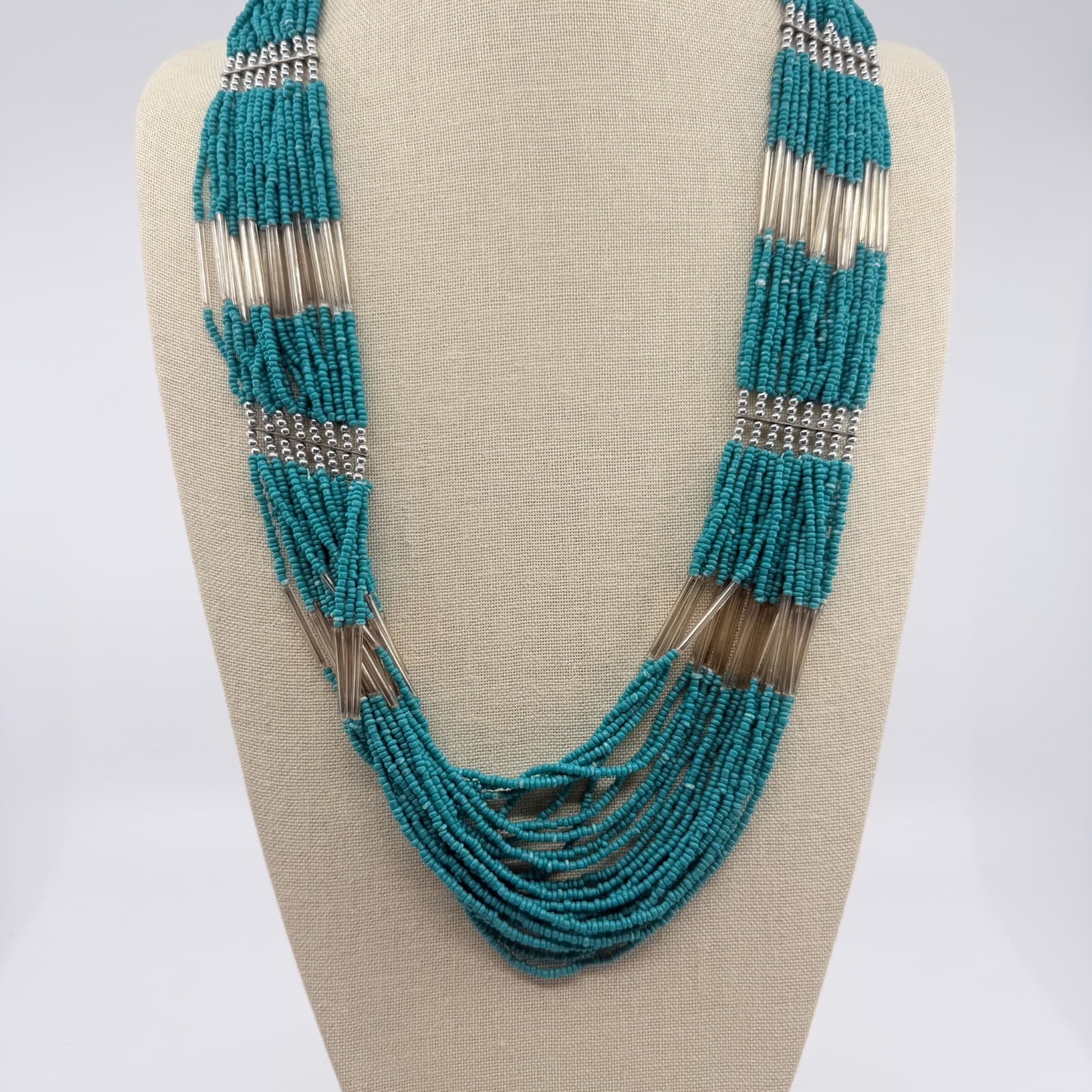 Vintage Silver Tone Multi Strand Seed Bead Necklace Teal Liquid Silver Boho Y2K - Thumbnail 3