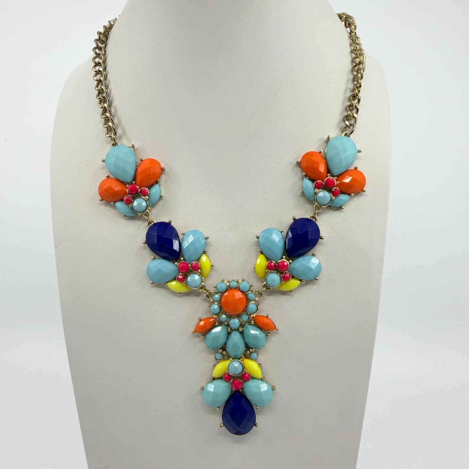 Vintage Gold Tone Multi Color Cluster Bib Statement Necklace Bold Chunky Retro - Thumbnail 2