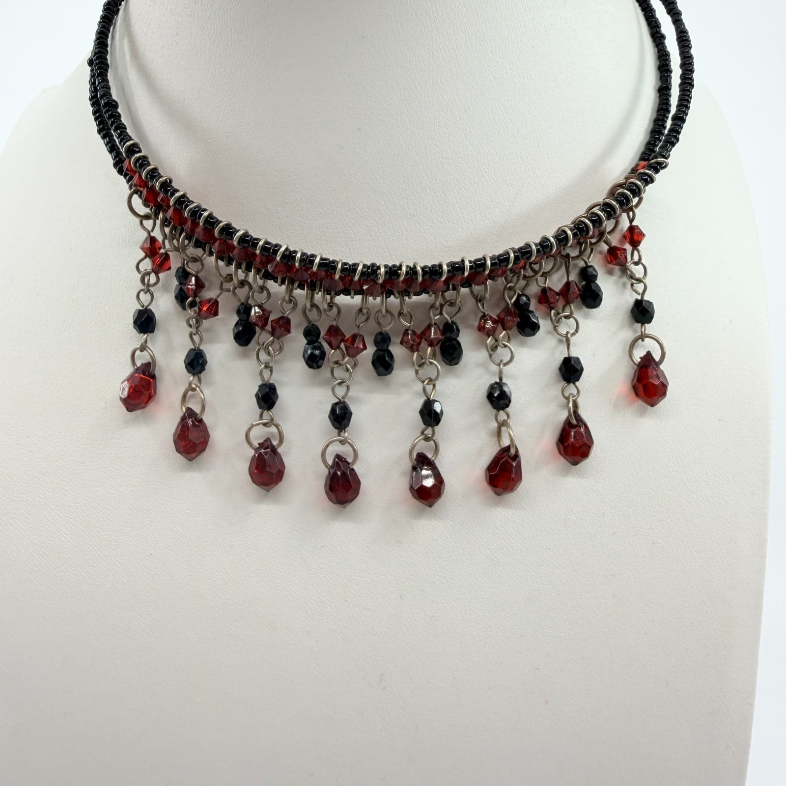 Vintage Gunmetal Tone Red Black Beaded Fringe Bib Statement Necklace Goth 90s - Thumbnail 2