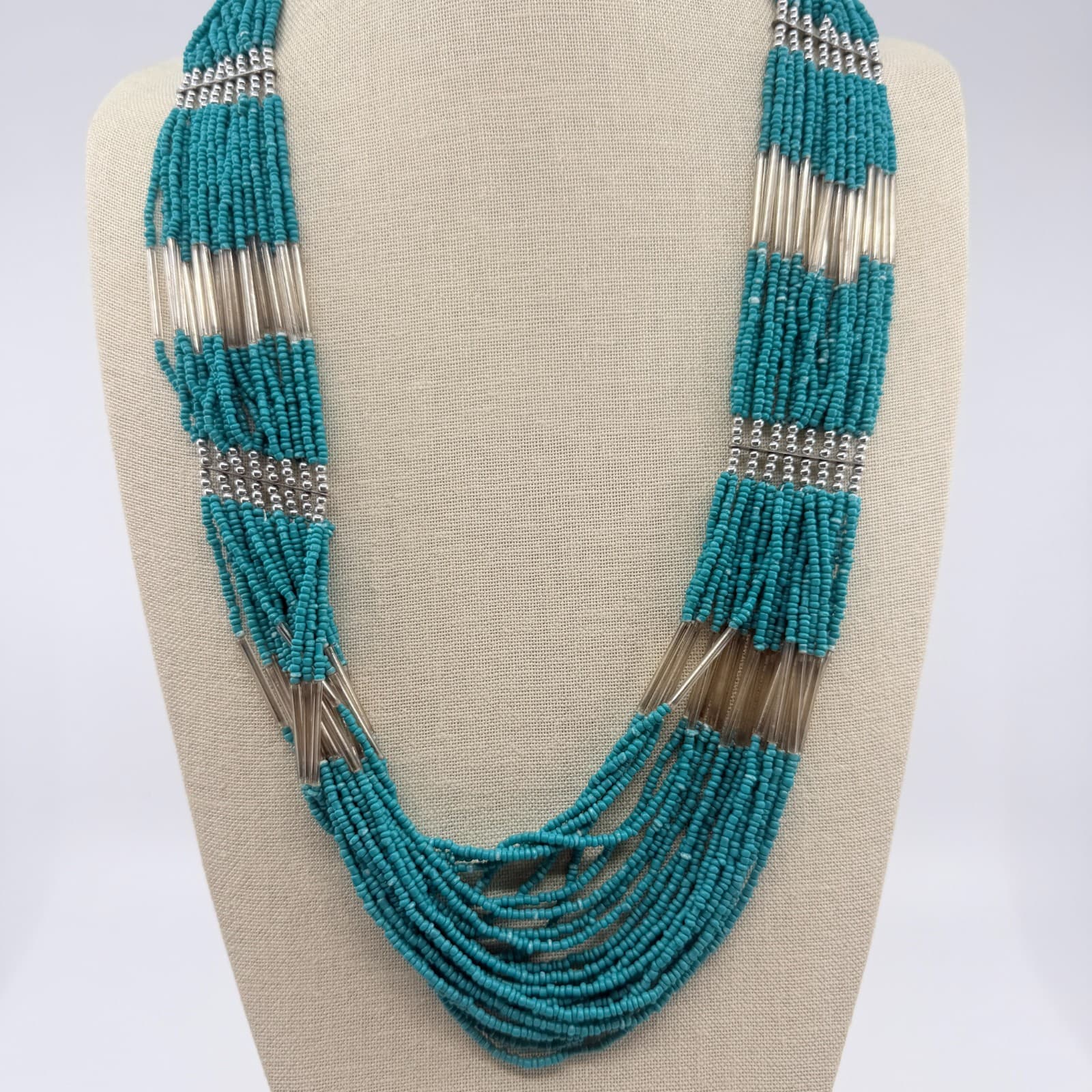 Vintage Silver Tone Multi Strand Seed Bead Necklace Teal Liquid Silver Boho Y2K - Thumbnail 6