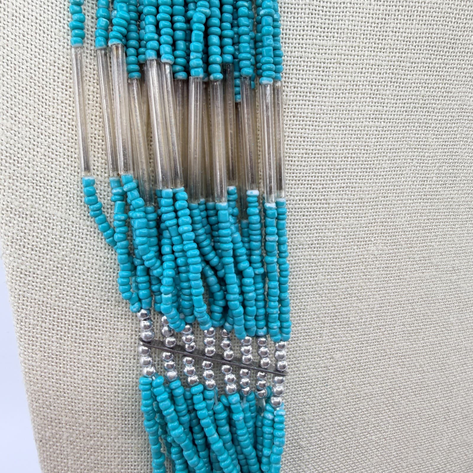 Vintage Silver Tone Multi Strand Seed Bead Necklace Teal Liquid Silver Boho Y2K - Thumbnail 4