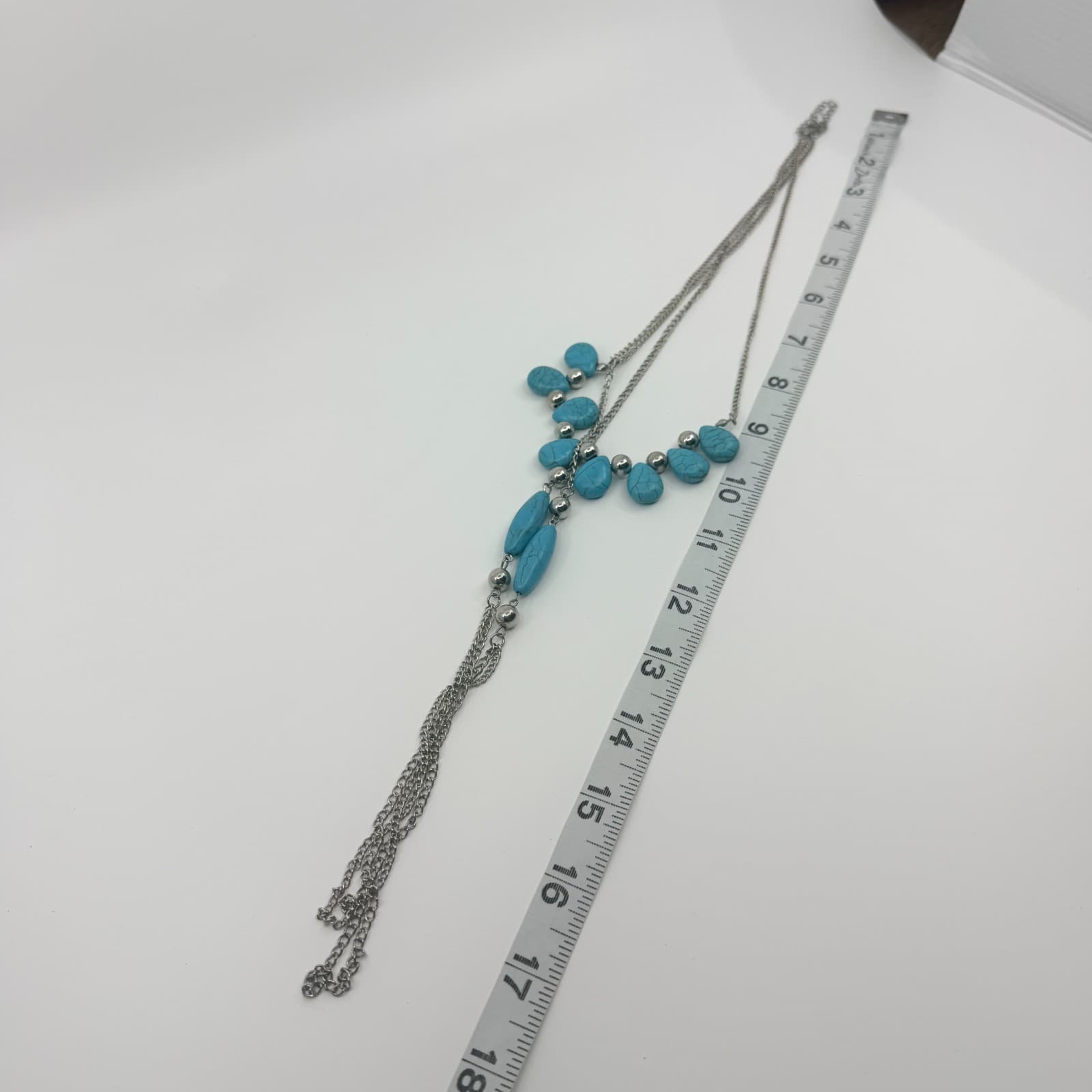 Vintage Silver Tone Blue Faux Turquoise Double Strand Necklace Boho Layered - Thumbnail 7