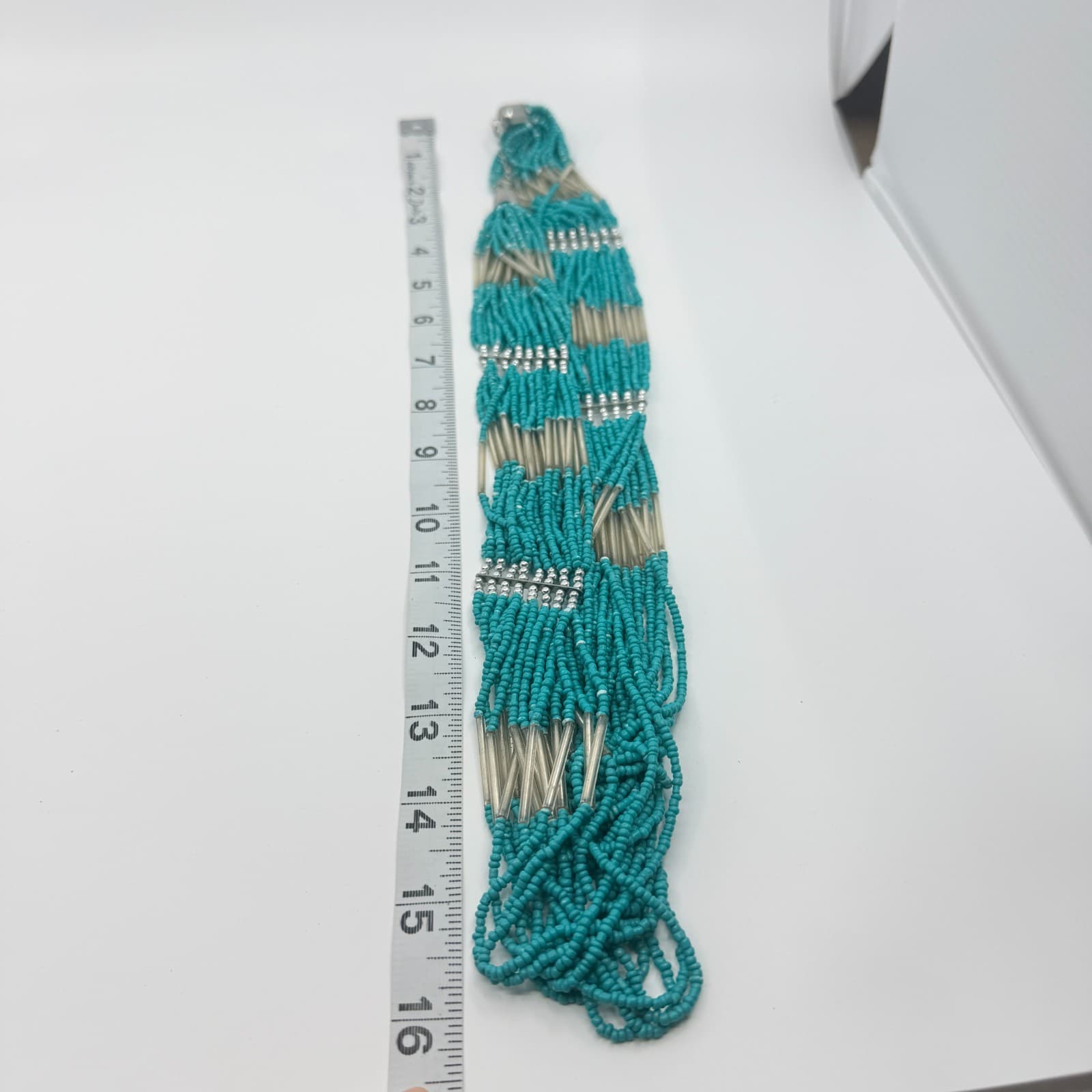 Vintage Silver Tone Multi Strand Seed Bead Necklace Teal Liquid Silver Boho Y2K - Thumbnail 10