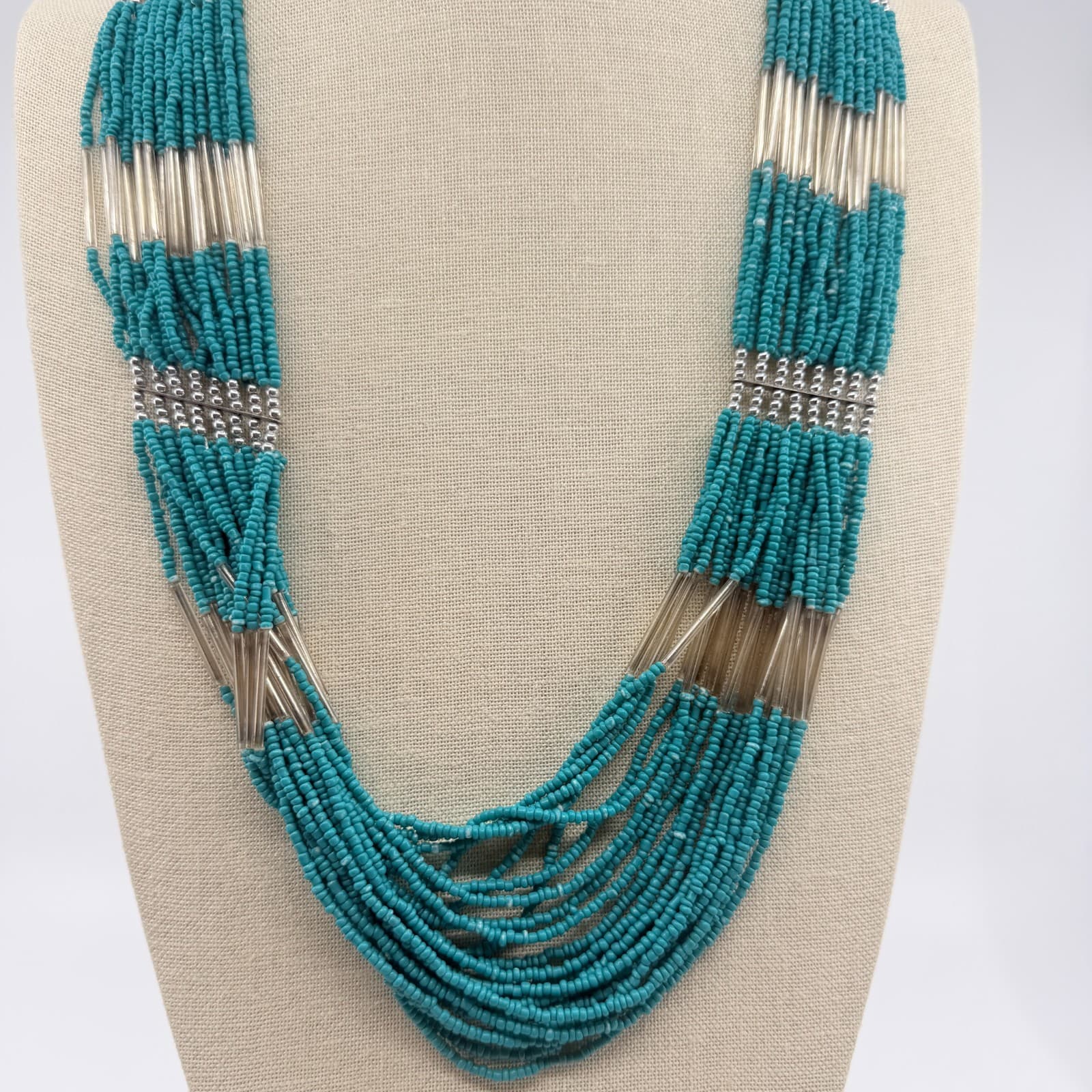 Vintage Silver Tone Multi Strand Seed Bead Necklace Teal Liquid Silver Boho Y2K - Thumbnail 2