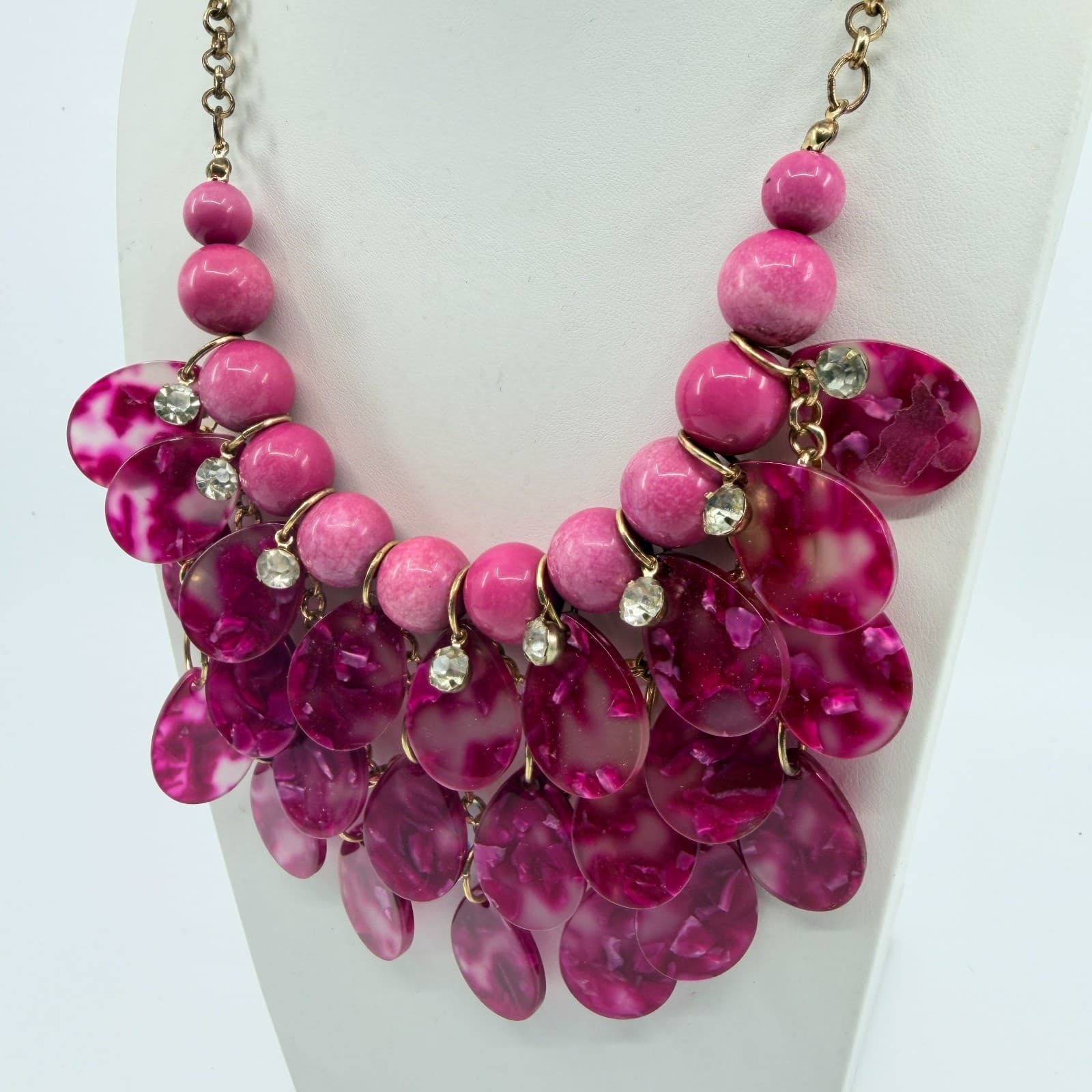 Vintage Gold Tone Pink Fuschia Bib Statement Necklace Bold Chunky Rhinestone Y2K - Thumbnail 6