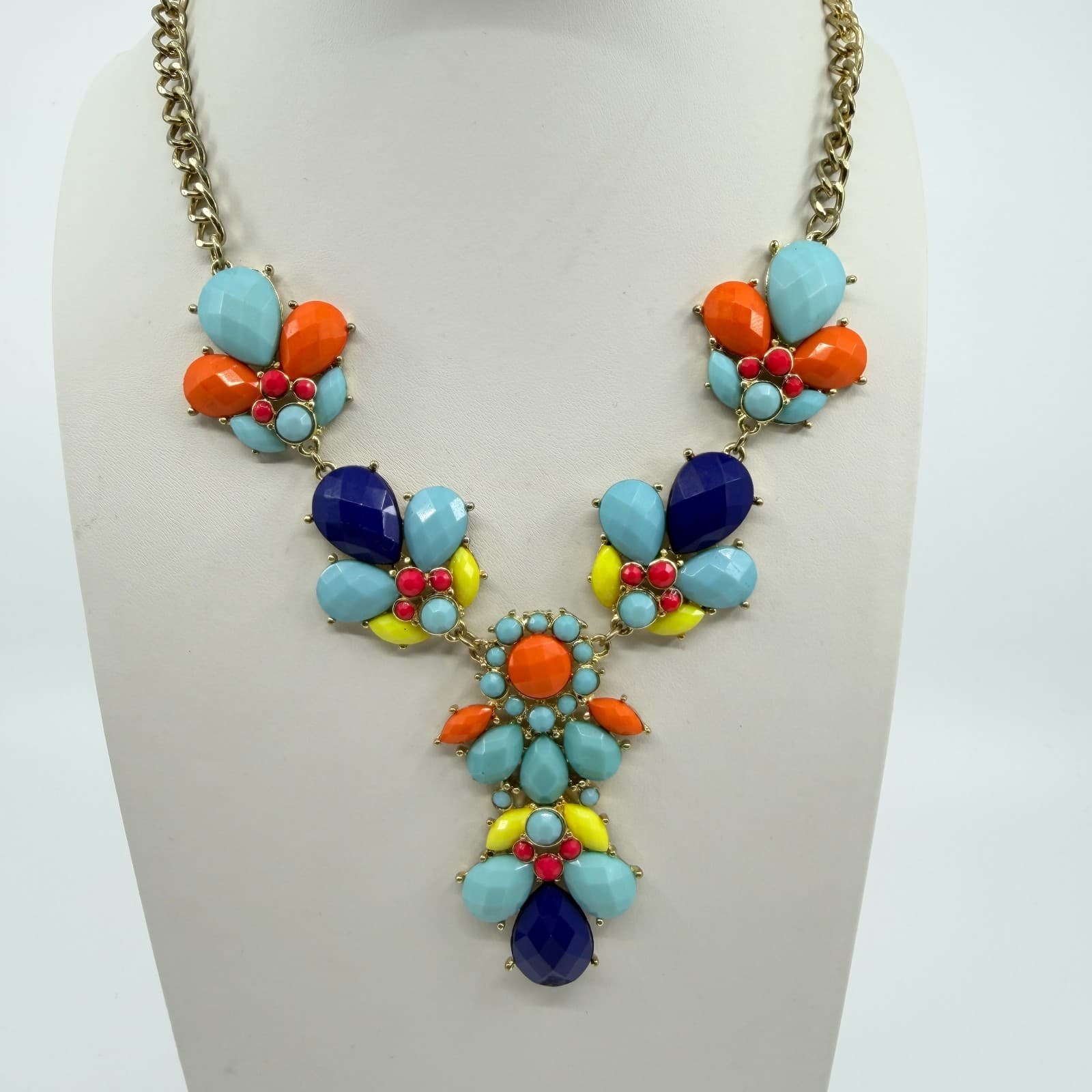 Vintage Gold Tone Multi Color Cluster Bib Statement Necklace Bold Chunky Retro - Thumbnail 7