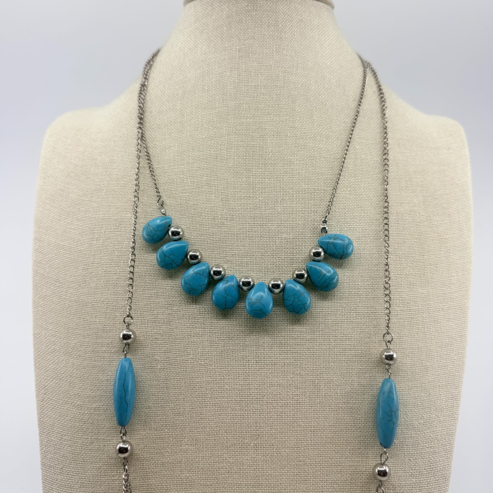 Vintage Silver Tone Blue Faux Turquoise Double Strand Necklace Boho Layered - Thumbnail 5