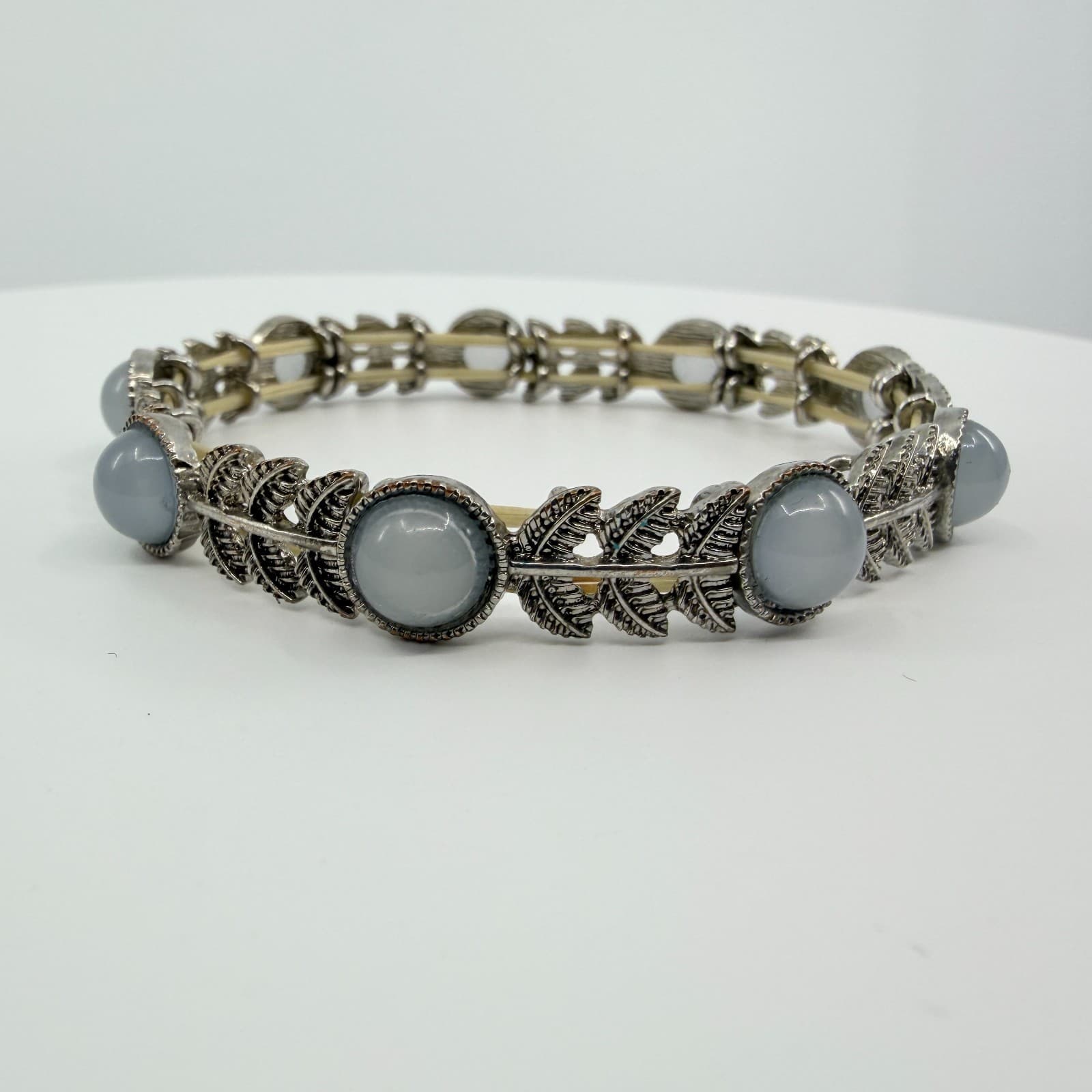 Vintage Silver Tone Light Blue Stone Leaf Link Stretch Bracelet Boho Statement - Thumbnail 6
