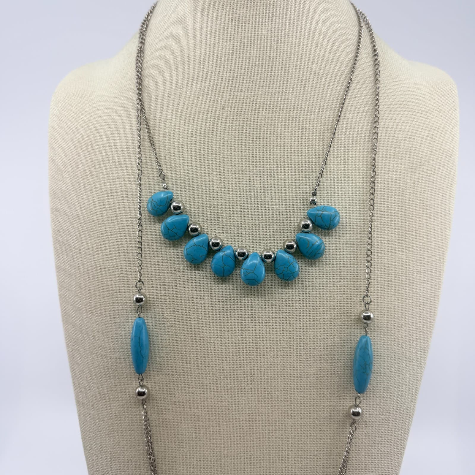 Vintage Silver Tone Blue Faux Turquoise Double Strand Necklace Boho Layered - Thumbnail 3