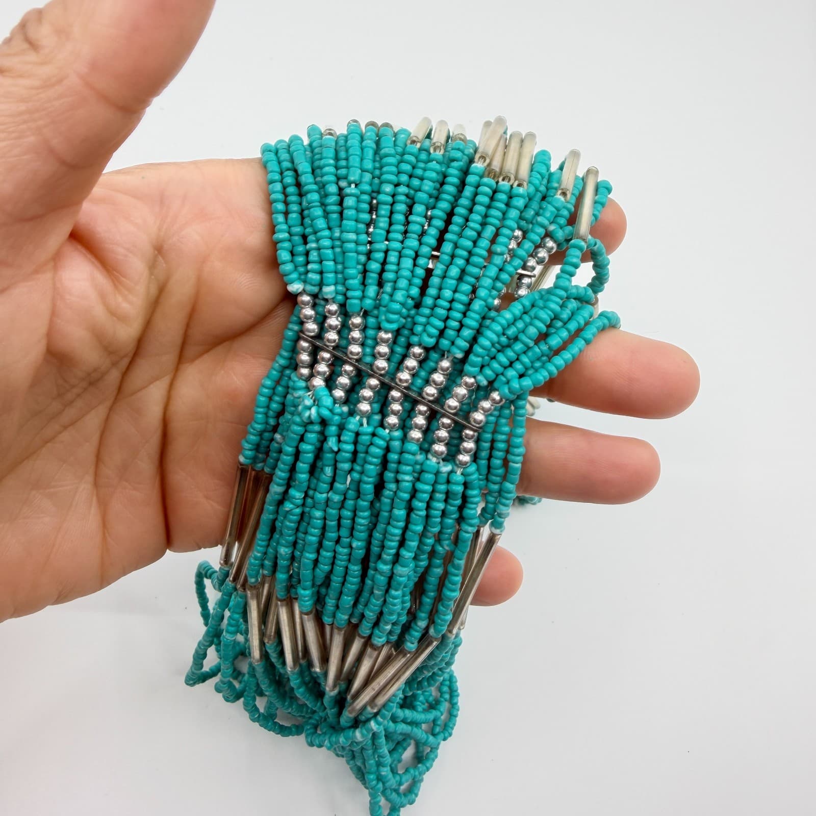 Vintage Silver Tone Multi Strand Seed Bead Necklace Teal Liquid Silver Boho Y2K - Thumbnail 9