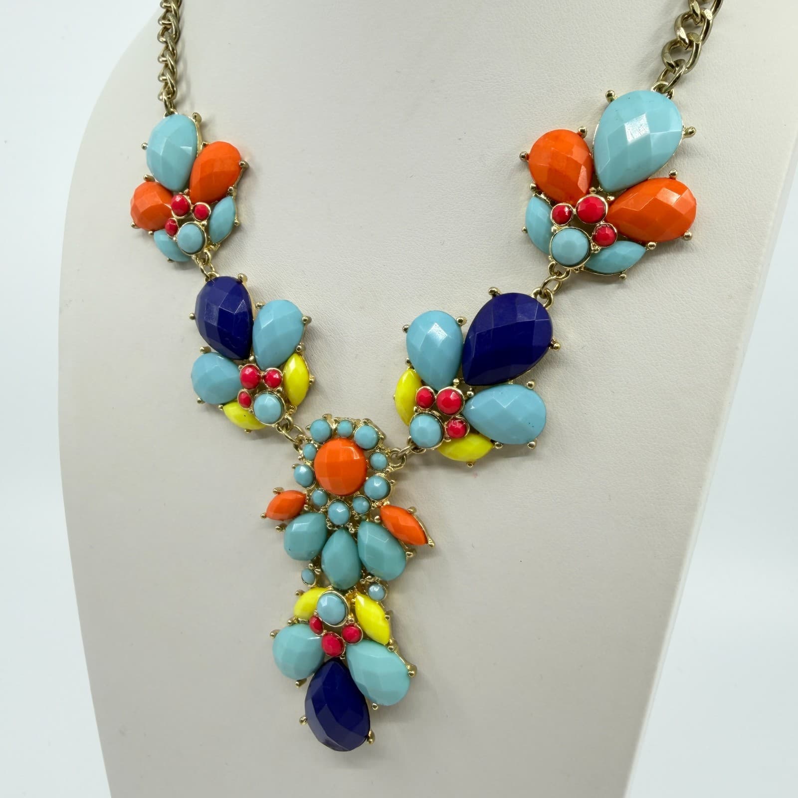 Vintage Gold Tone Multi Color Cluster Bib Statement Necklace Bold Chunky Retro - Thumbnail 6