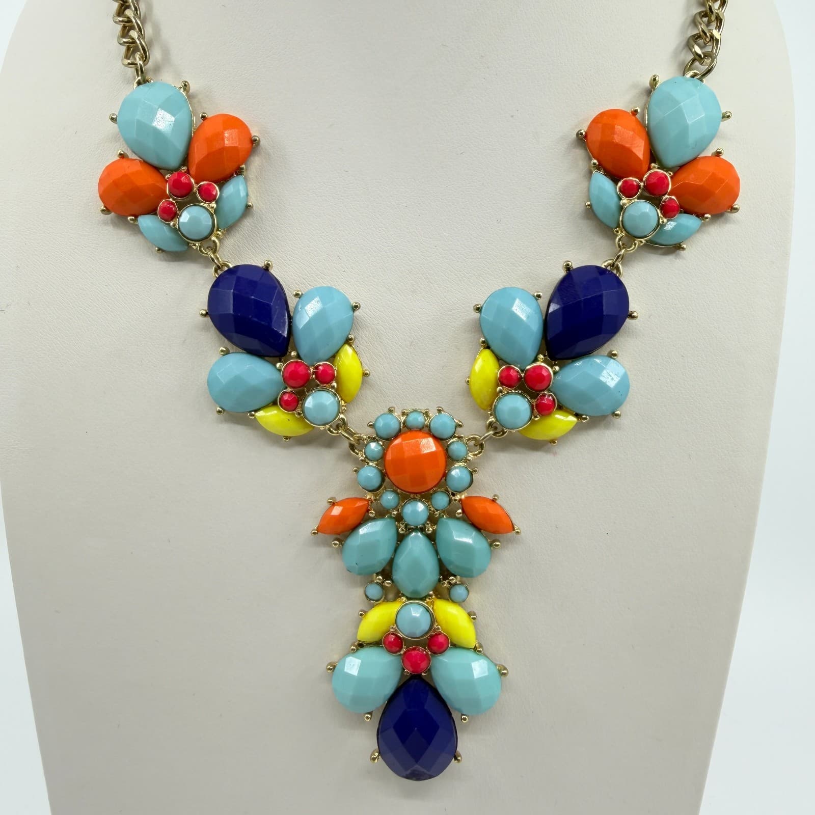 Vintage Gold Tone Multi Color Cluster Bib Statement Necklace Bold Chunky Retro - Thumbnail 3