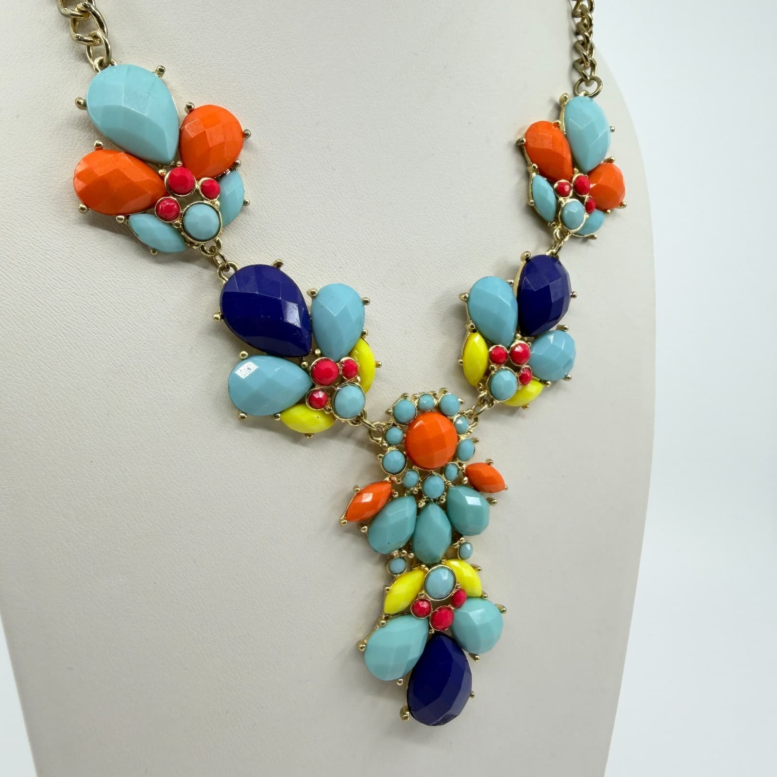 Vintage Gold Tone Multi Color Cluster Bib Statement Necklace Bold Chunky Retro - Thumbnail 5