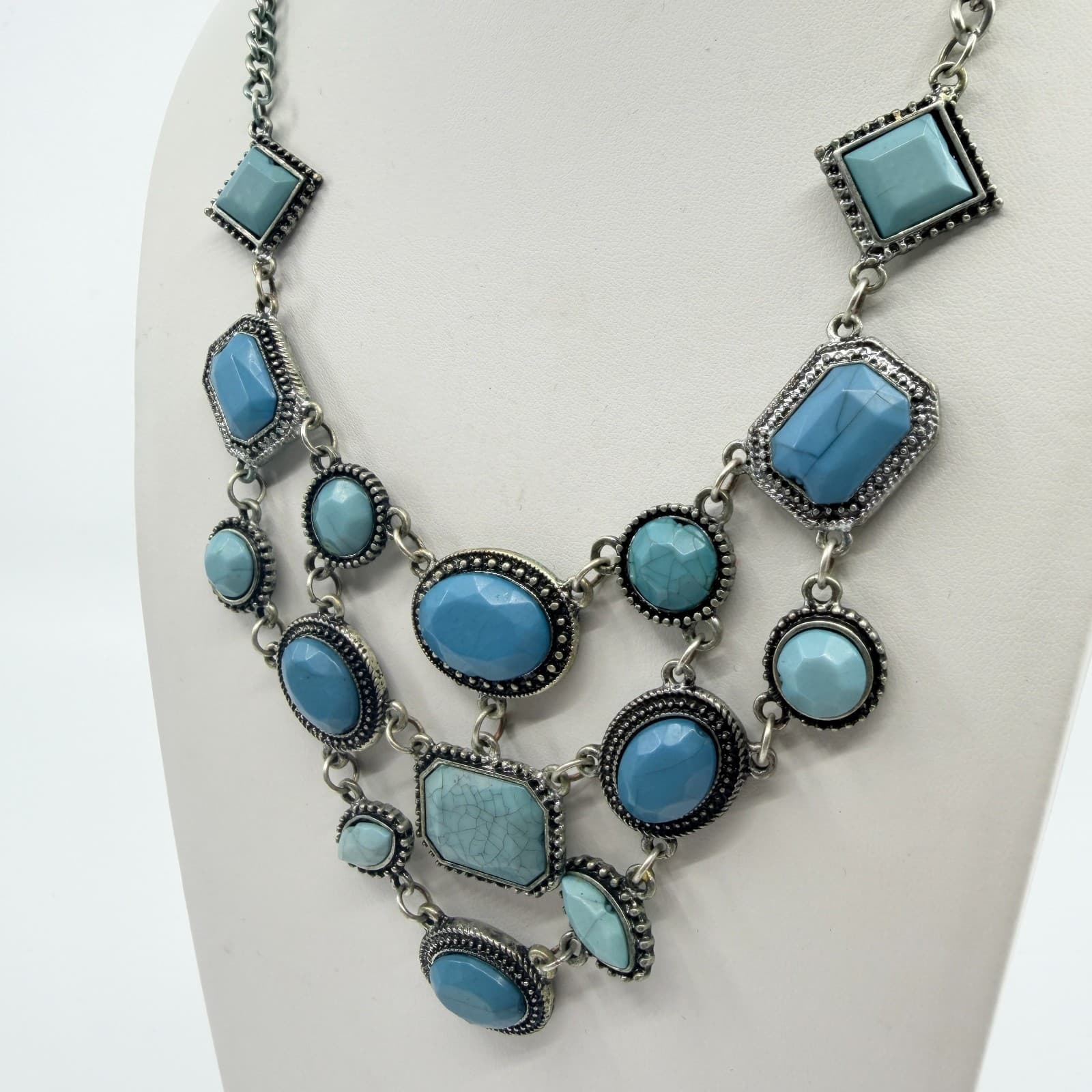 Vintage Silver Tone Blue Faux Turquoise Bib Statement Necklace Bold Geometric - Thumbnail 5