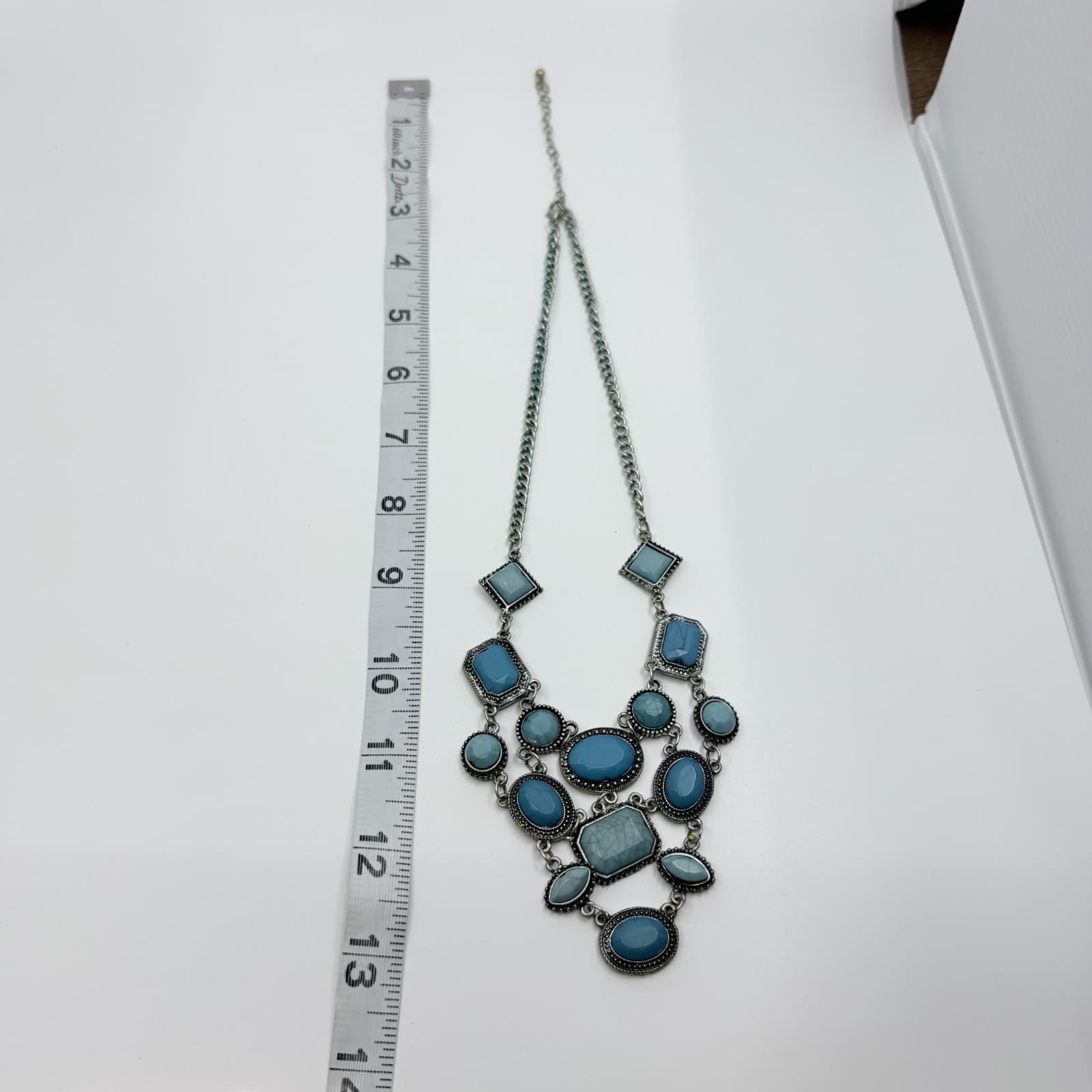 Vintage Silver Tone Blue Faux Turquoise Bib Statement Necklace Bold Geometric - Thumbnail 9