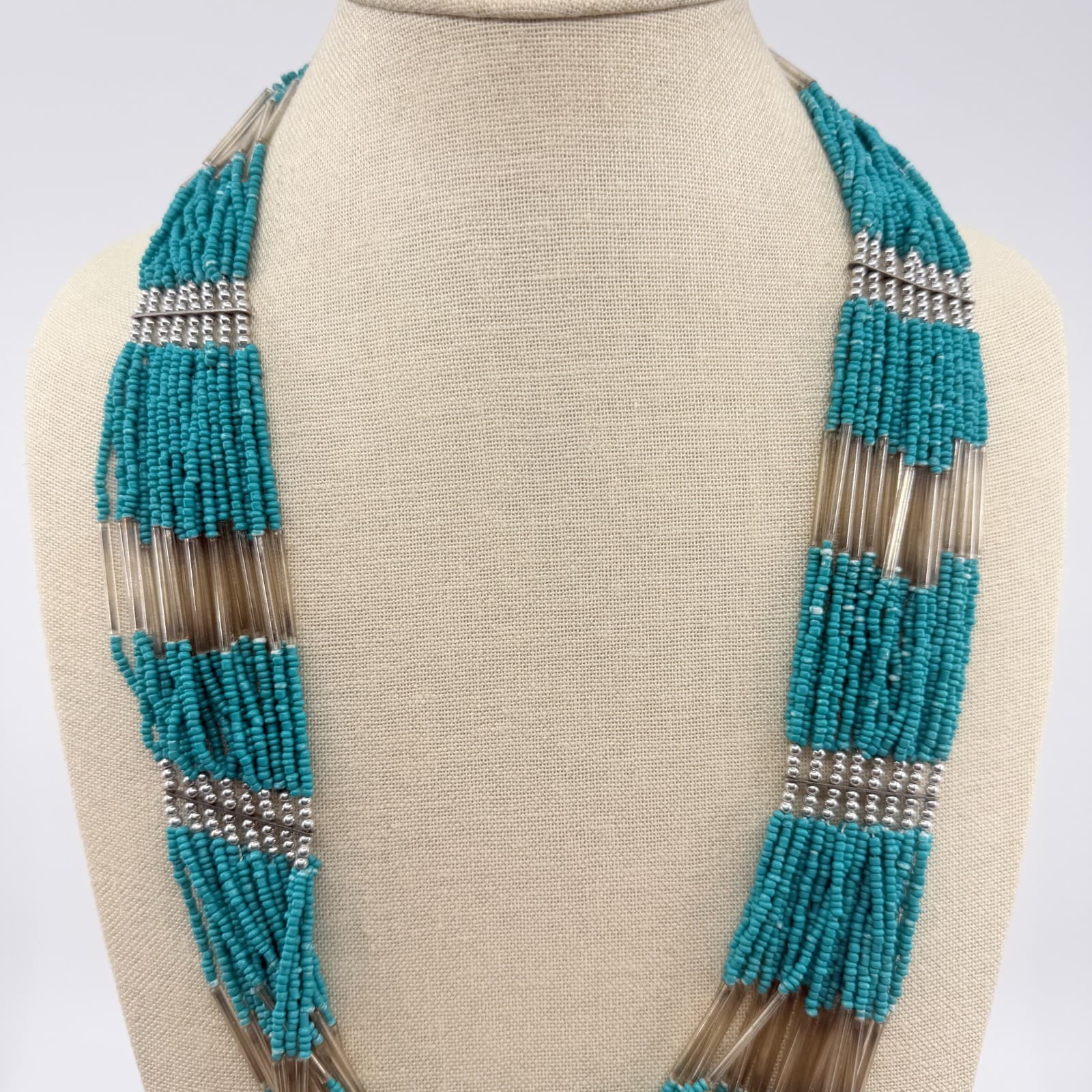 Vintage Silver Tone Multi Strand Seed Bead Necklace Teal Liquid Silver Boho Y2K - Thumbnail 7