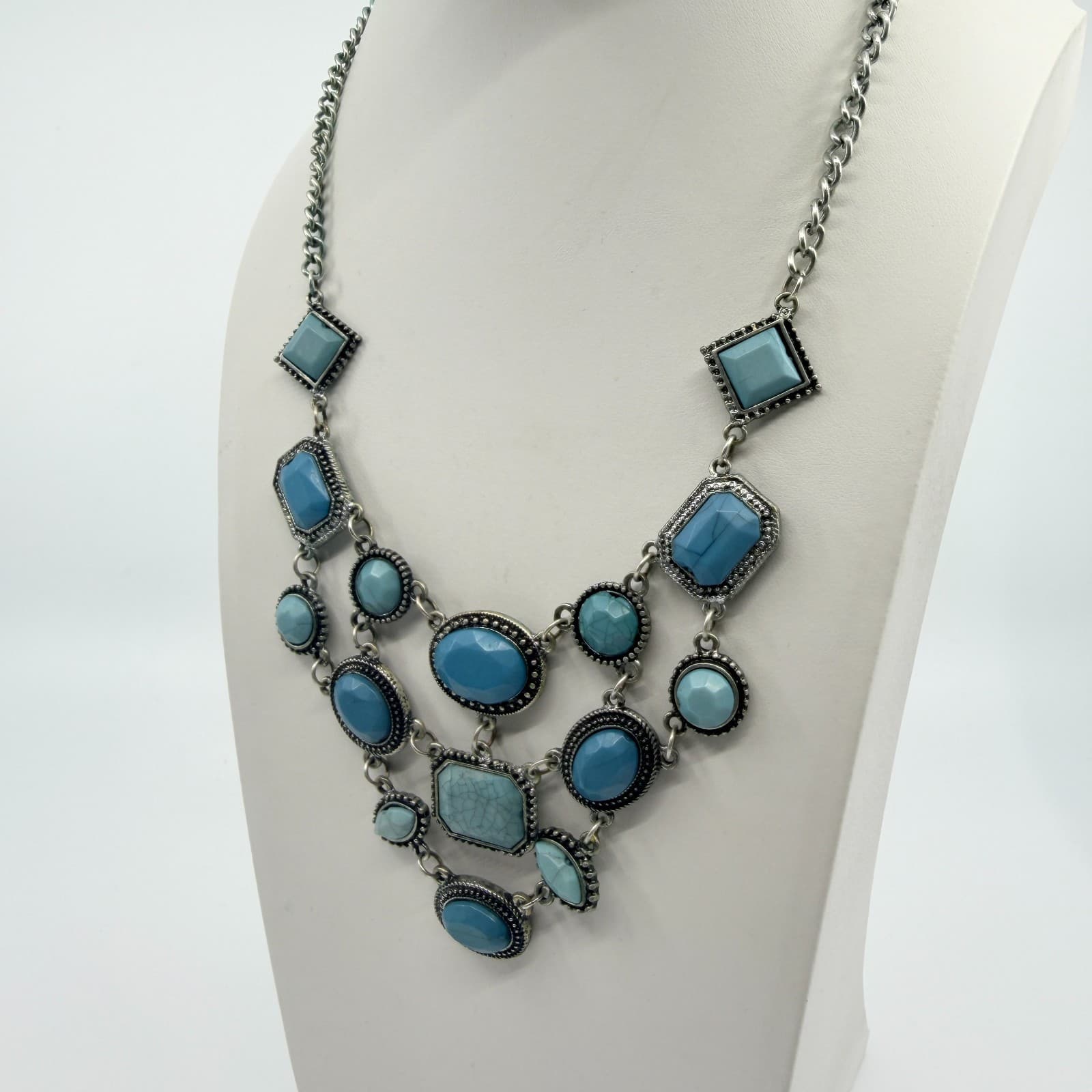 Vintage Silver Tone Blue Faux Turquoise Bib Statement Necklace Bold Geometric - Thumbnail 6