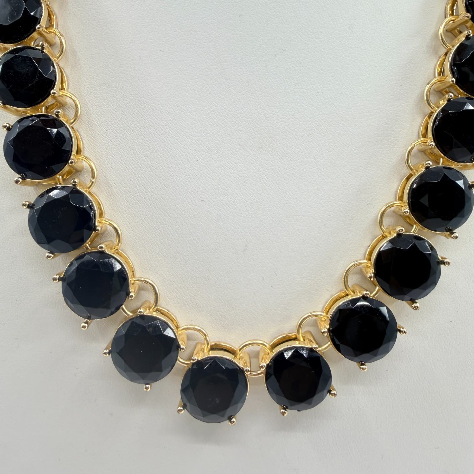 Vintage Gold Tone Bold Black Faceted Stone Statement Necklace Round Choker Retro - Thumbnail 3