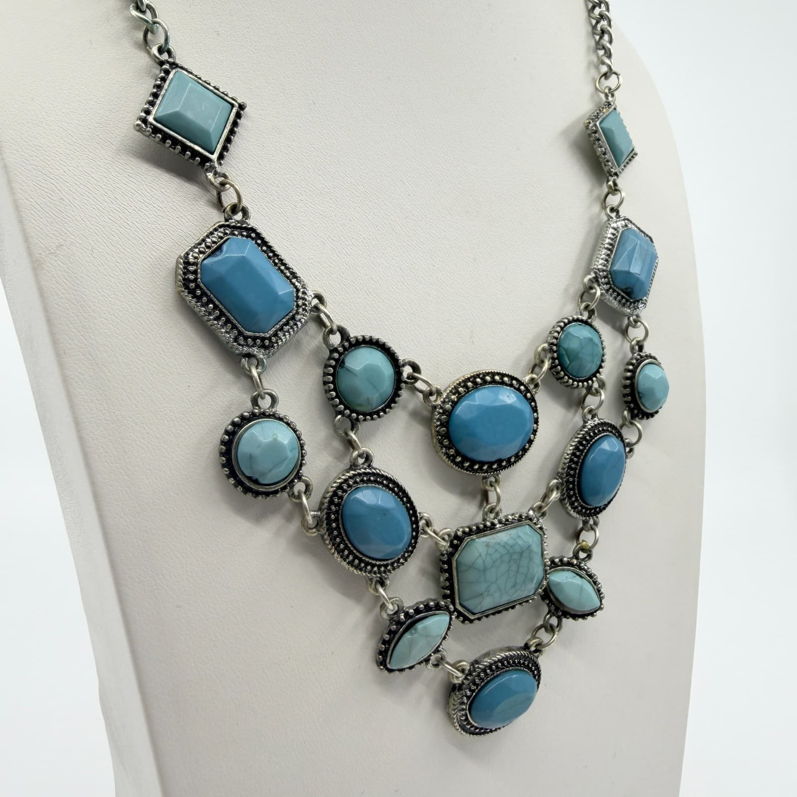 Vintage Silver Tone Blue Faux Turquoise Bib Statement Necklace Bold Geometric - Thumbnail 4