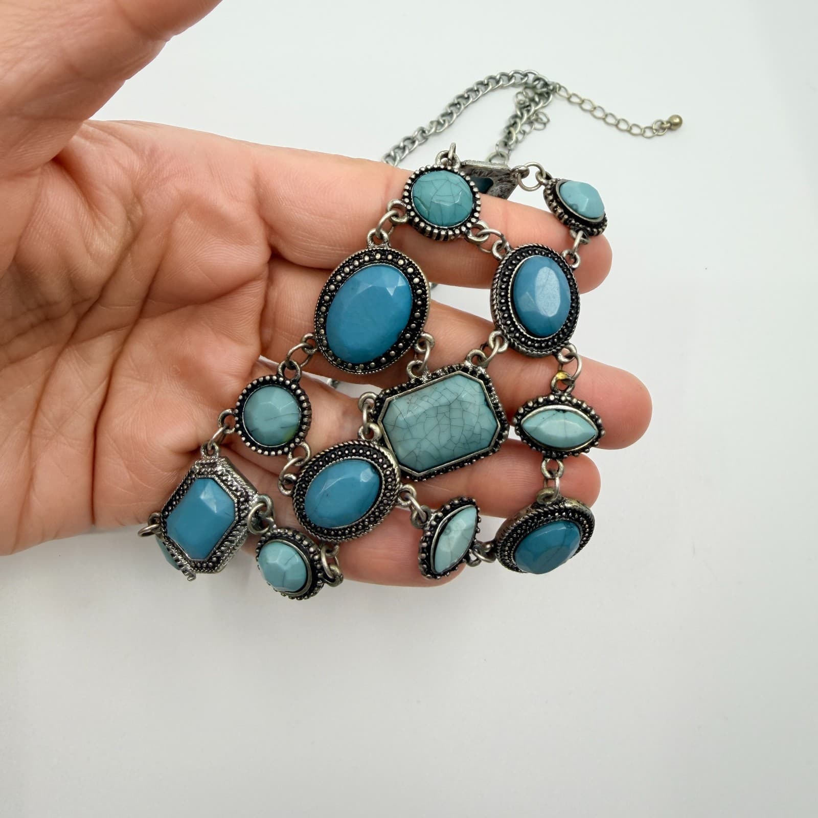 Vintage Silver Tone Blue Faux Turquoise Bib Statement Necklace Bold Geometric - Thumbnail 8