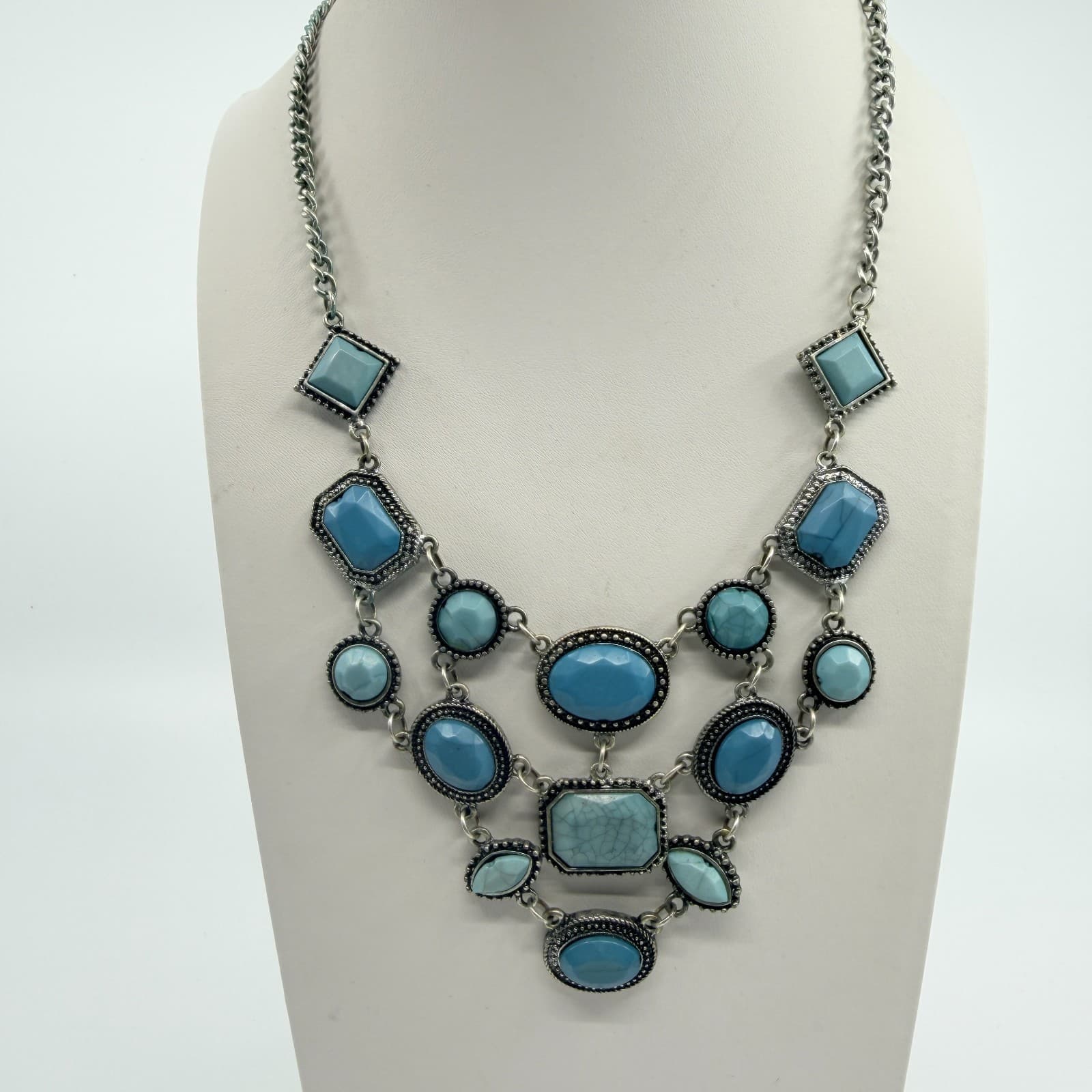 Vintage Silver Tone Blue Faux Turquoise Bib Statement Necklace Bold Geometric - Thumbnail 2