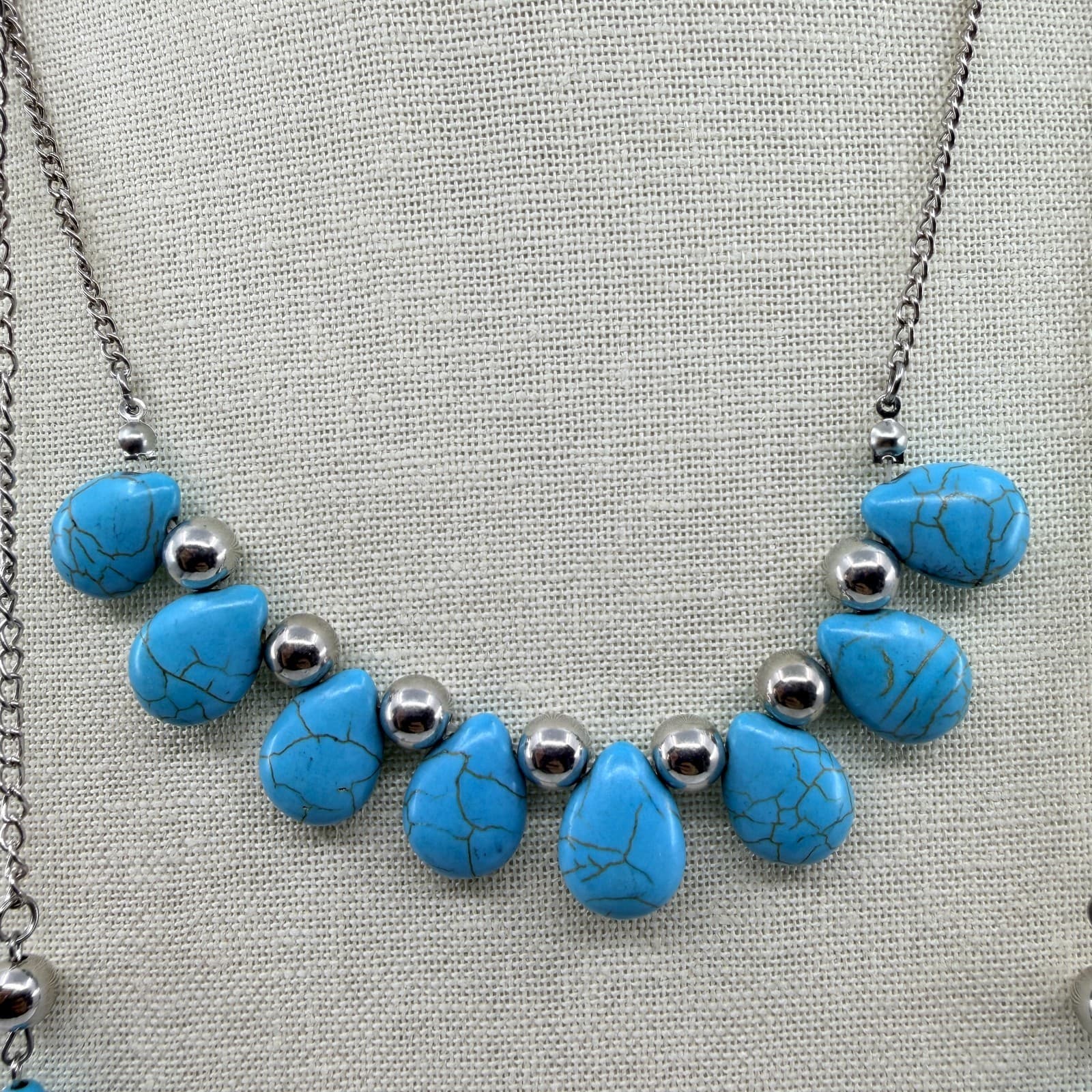 Vintage Silver Tone Blue Faux Turquoise Double Strand Necklace Boho Layered - Thumbnail 6