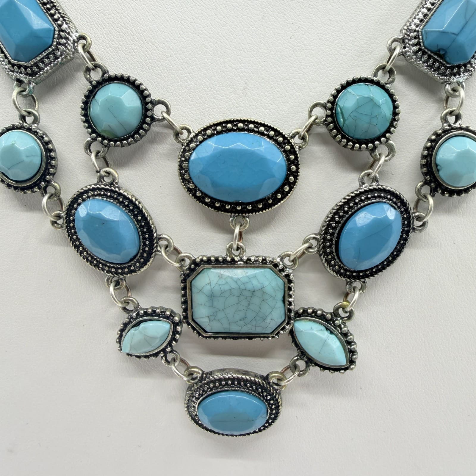 Vintage Silver Tone Blue Faux Turquoise Bib Statement Necklace Bold Geometric - Thumbnail 3