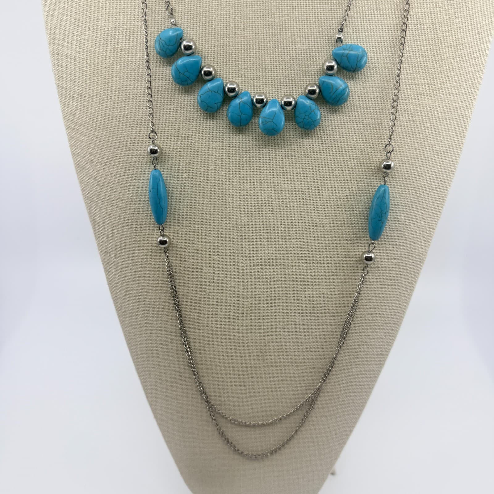 Vintage Silver Tone Blue Faux Turquoise Double Strand Necklace Boho Layered - Thumbnail 4